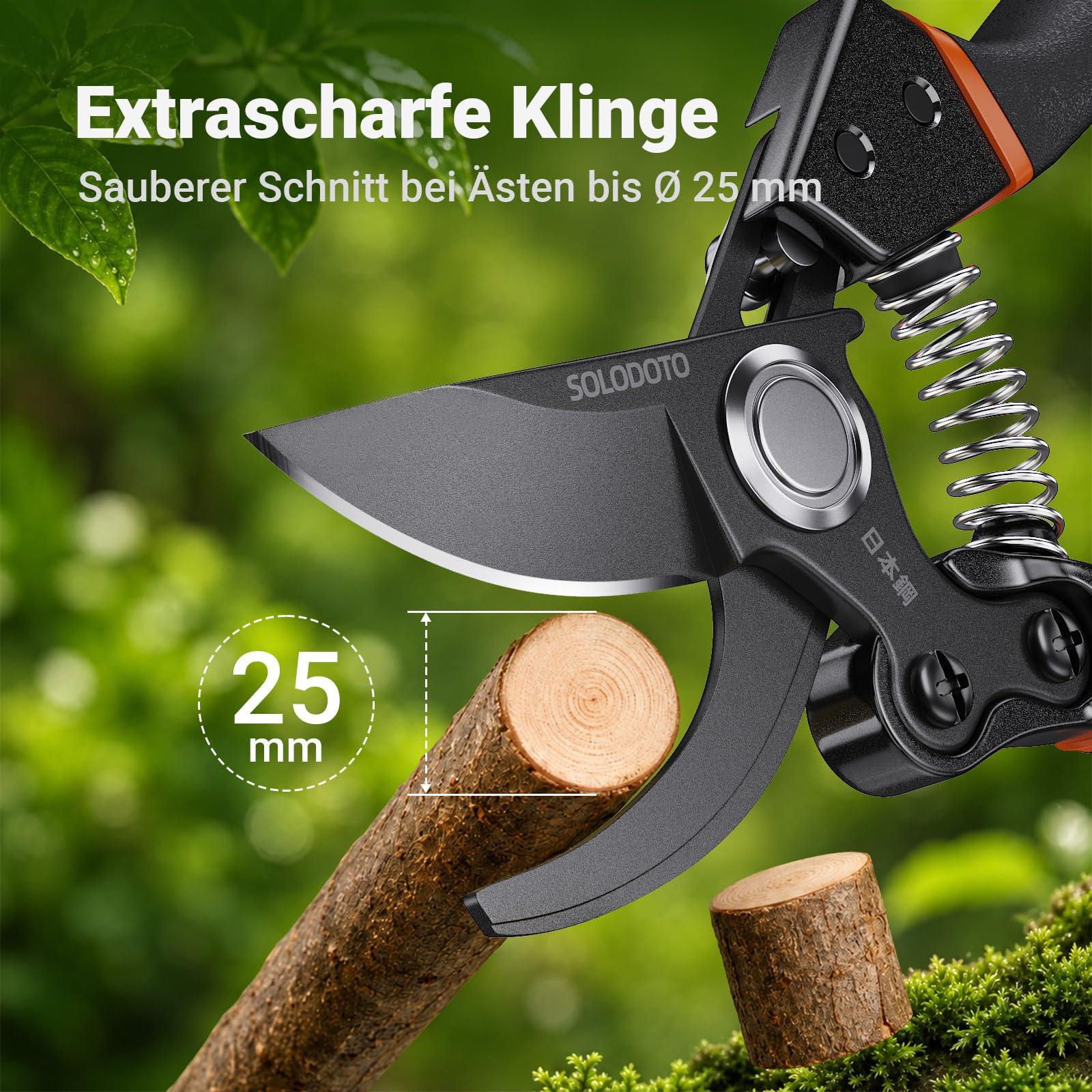 Profi Gartenschere– schärfer, Japanischer SK5-Kohlenstoffstahl, Bypass-Schneide, 25 mm Schnittdurchmesser, für trockenes, frisches Holz, Profi Rosenschere, Pflanzenschere astschere