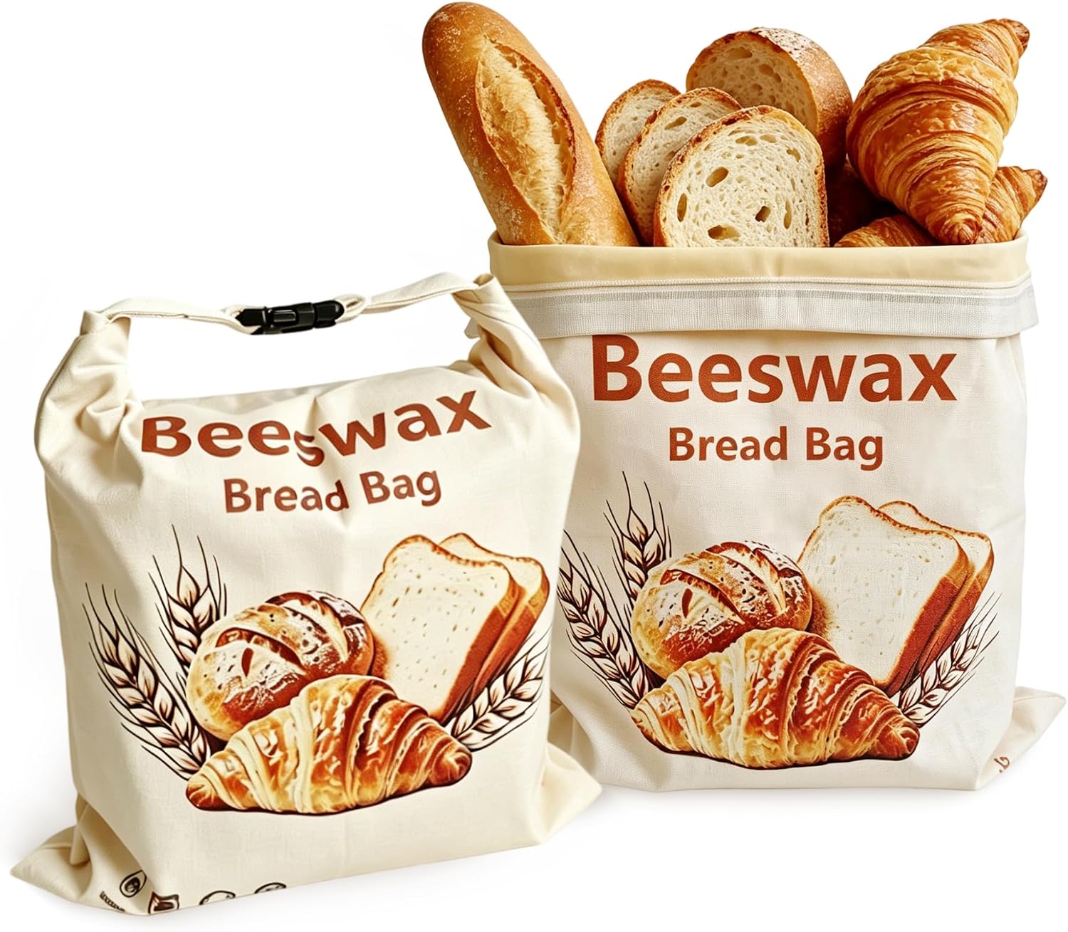 Beeswax Bread Bags for Sourdough 2-Pack Reusable Bread Bags with Zipper Closure, Large Capacity, Freshness Keeping and Freezer Safe, 17” x 13” Bread Storage Solution