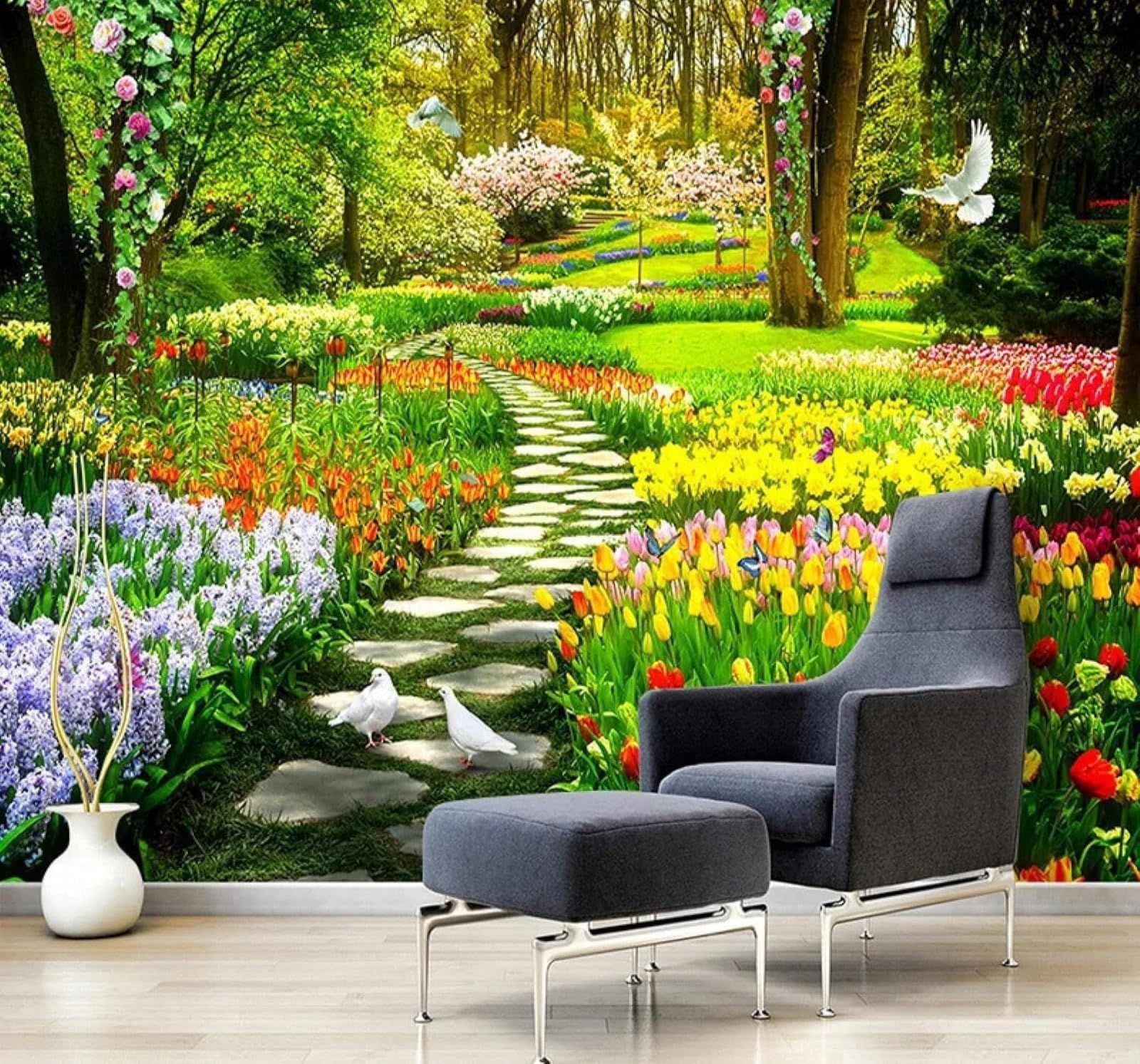 XLMING Picturesque Natural Scenery Flowers Lawns Paths 3D Wallpaper Luxury Silk Study Dining Feature Sofa Grey Bedroom Living Room Tv Decorative Wall-400cm×280cm