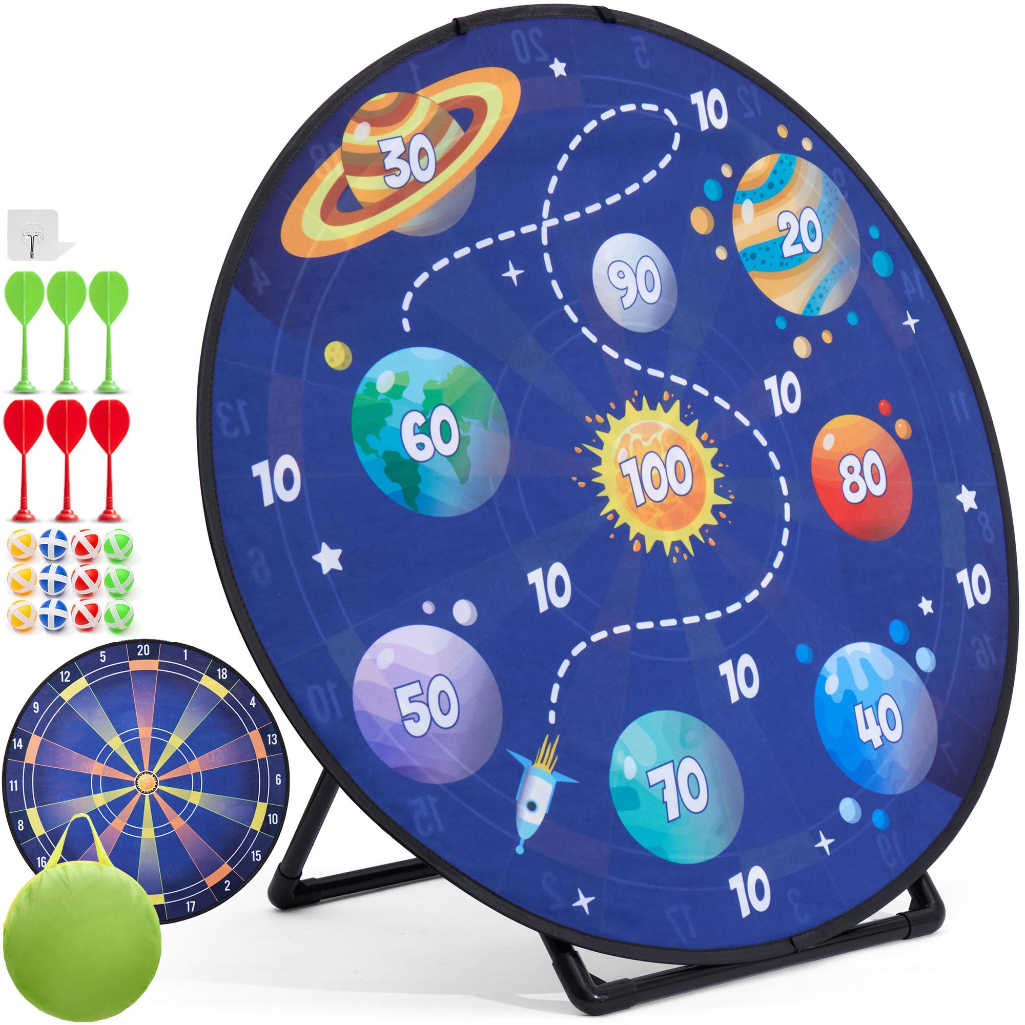 Cheerful Children Toys 100cm XXL Kids Dart Board Set - Double-Sided Velcro Dart Board with Sturdy Stand, 12 Sticky Balls & 6 Darts, Indoor & Garden Party Games for Ages 4-8 (Space)