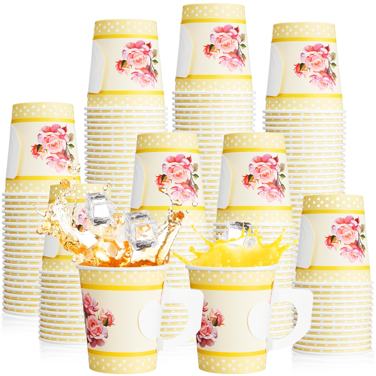 Pinkunn 80 Pcs Paper Tea Cups Disposable Tea Party Decorations 7 oz Floral Paper Teacups with Handle for Hot and Cold Drinks Girl Mom Birthday Baby