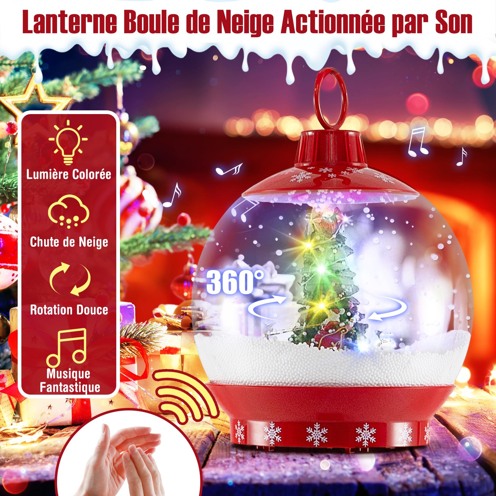 COSTWAY Lampadaire Musical de Noël de 173 cm, Lampadaire avec Lanterne à Boule de Neige Activée par Le Son Arbre Rotatif Père Noël Cerf Bonhomme de Neige, Décoration Lampe pour Maison Porche
