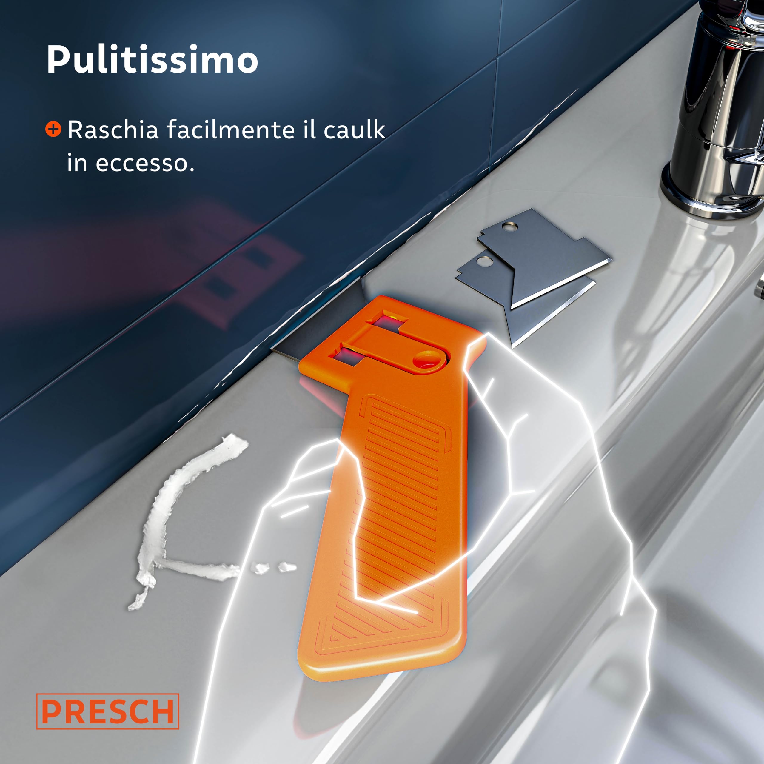 Presch Raschietto fughe incl. 3 lame - Per la rimozione precisa dei giunti grazie all'elevata nitidezza - Facile cambio delle lame - Raschietto silicone per sigillanti morbidi come acrilico e silicone