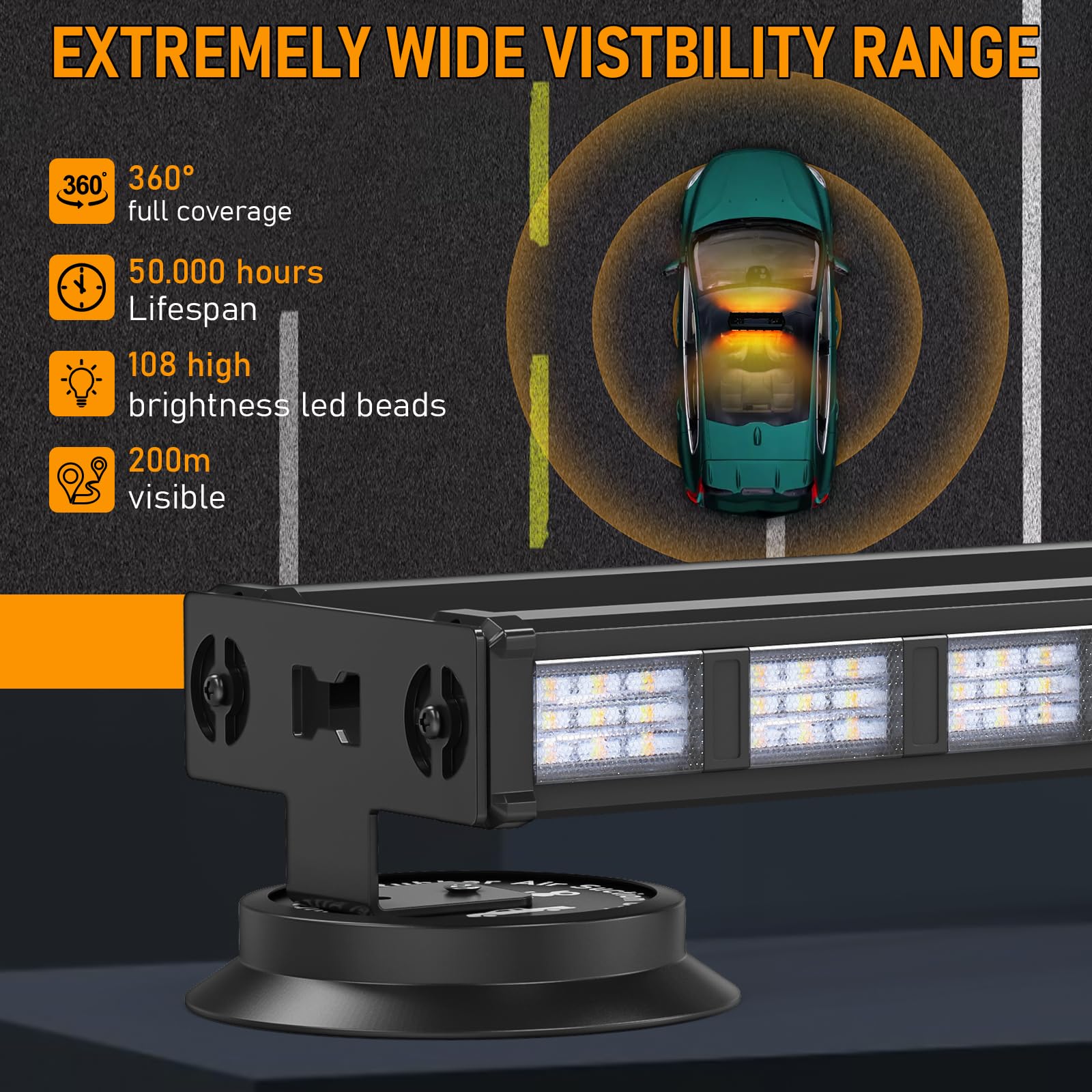 Dinfu 19 Intermitente luz estroboscópica LED de Advertencia de Doble Cara 6 Piezas COB LED Intermitente luz Ajustable 3 Colores Coche Barra de luz para el Coche camión Tractor Techo