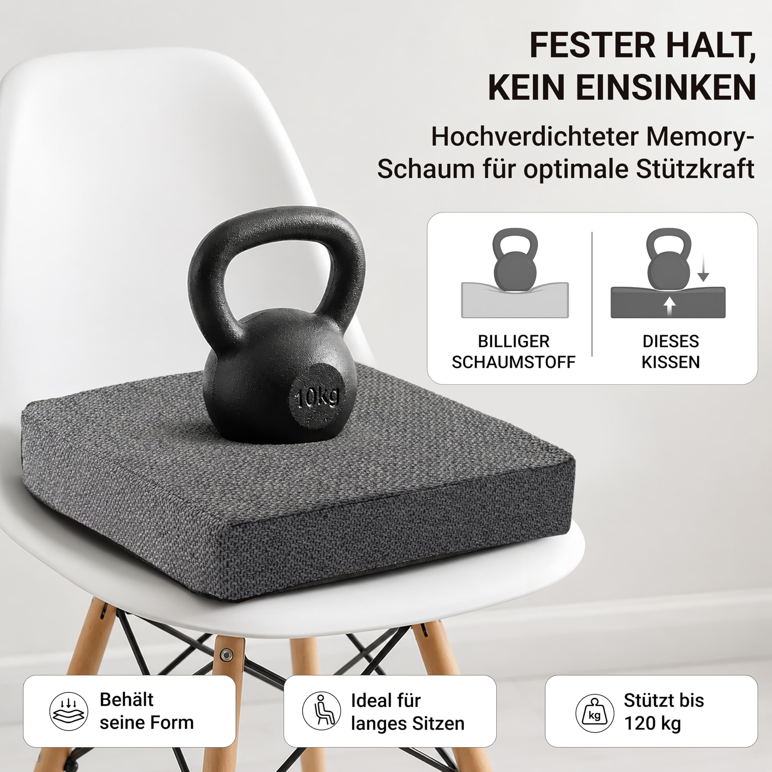 Sitzkissen Orthopädisch mit Memory Foam - Ergonomisches Sitzkissen Stuhl als Sitzerhöhung (10 cm Kissenhöhe) - Für Bürostuhl, Auto & Rollstuhl - Rutschfest & Waschbar - Stuhlkissen 40x40 Anthrazit