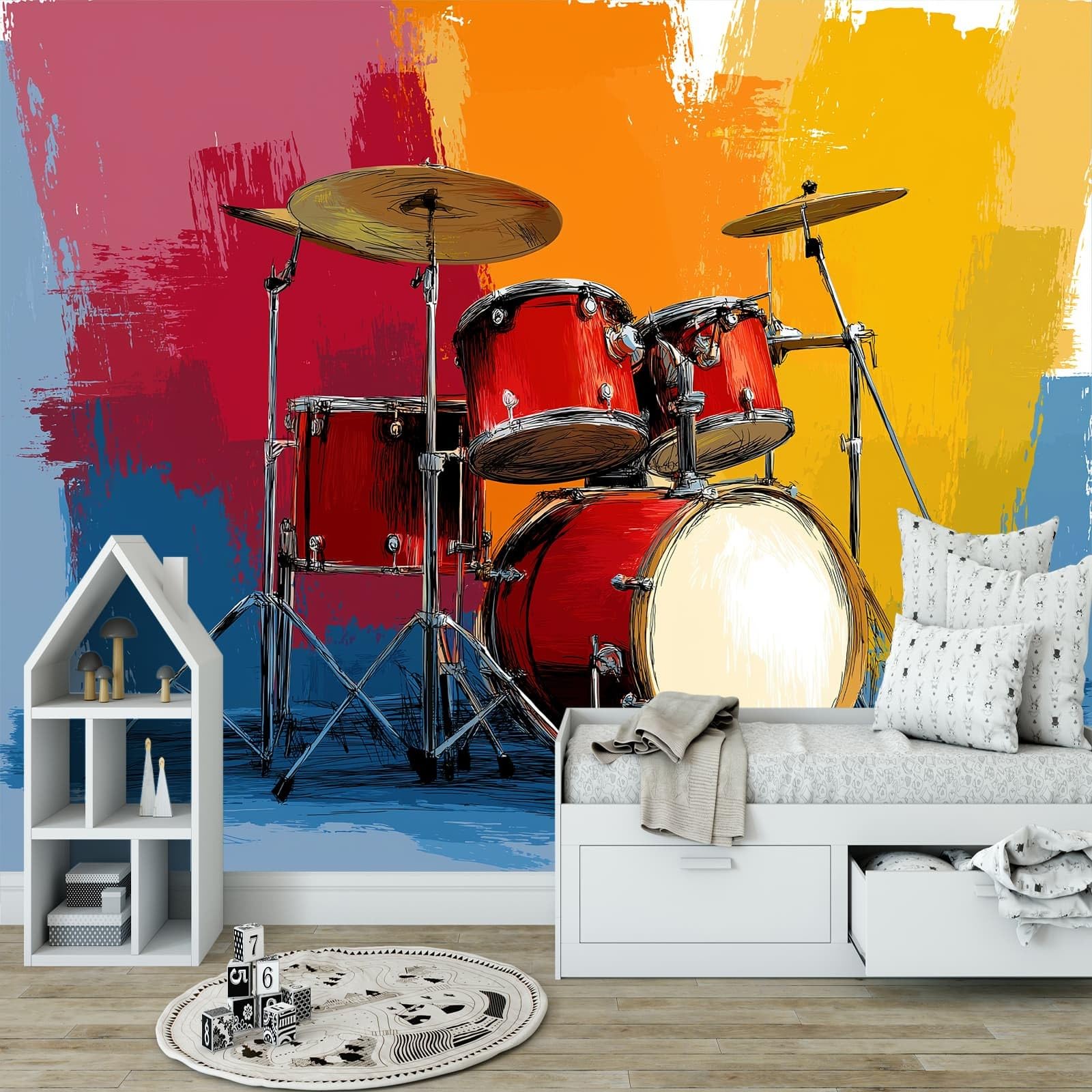 Papel pintado panorámico Dibujos Animados Música Batería, papel pintado estilo pintor extraíble - mural fácil de colocar - Decoración de pared para sala de estar, dormitorio infantil, 350 x 256 cm (L