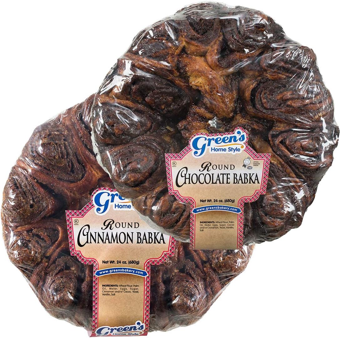 - Green's Bakery Chocolate and Cinnamon Round Babka Cakes, 2 Pack 24 oz. Fresh and Delicious, OK Certified Kosher and Pareve Babka Bread, Dairy Free and Nut Free
