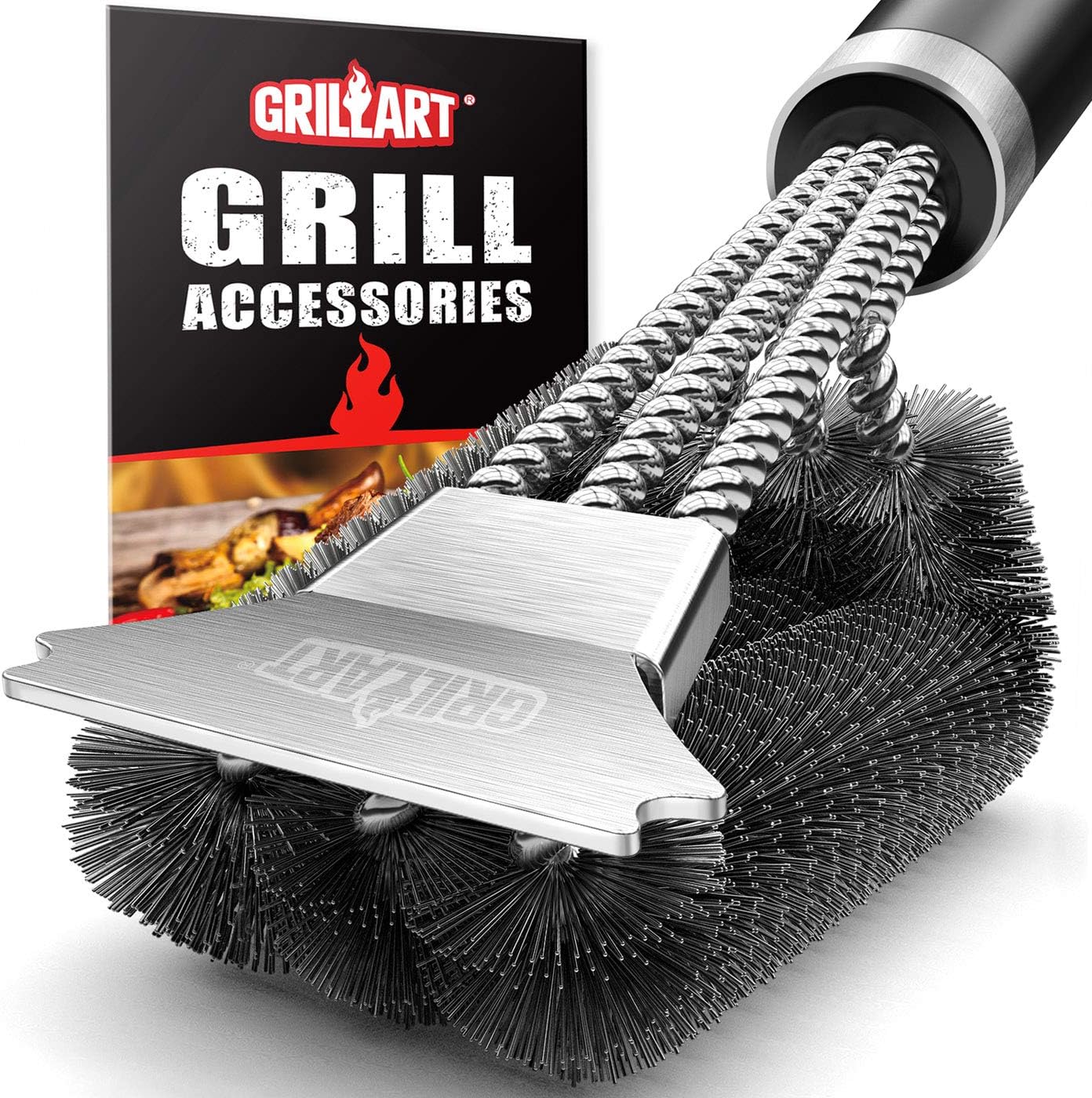 GRILLART Grill Brush and Scraper with Deluxe Handle - Safe Stainless Steel Wire Grill Brush for Gas Infrared Charcoal Porcelain Grills - BBQ Cleaning Brush for Grill Grate Cleaner : Patio, Lawn & Garden