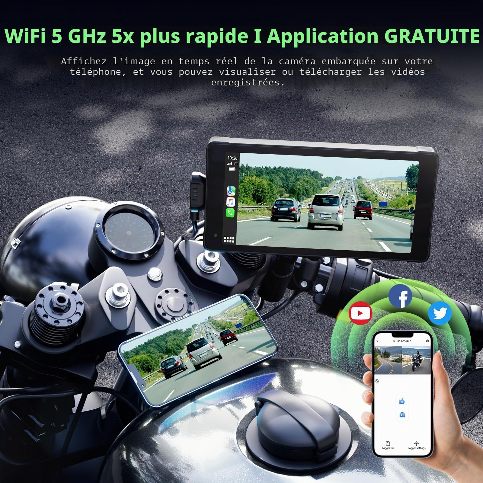 Volam Ecran Carplay Moto, Portable sans Fil Carplay et Android Auto pour Moto avec 2K+1080P Caméra Tableau Bord Avant et Arrière,5,5 Pouces écran Tactile, Navigation, Siri/G-oogle, APP, Carte 64TF