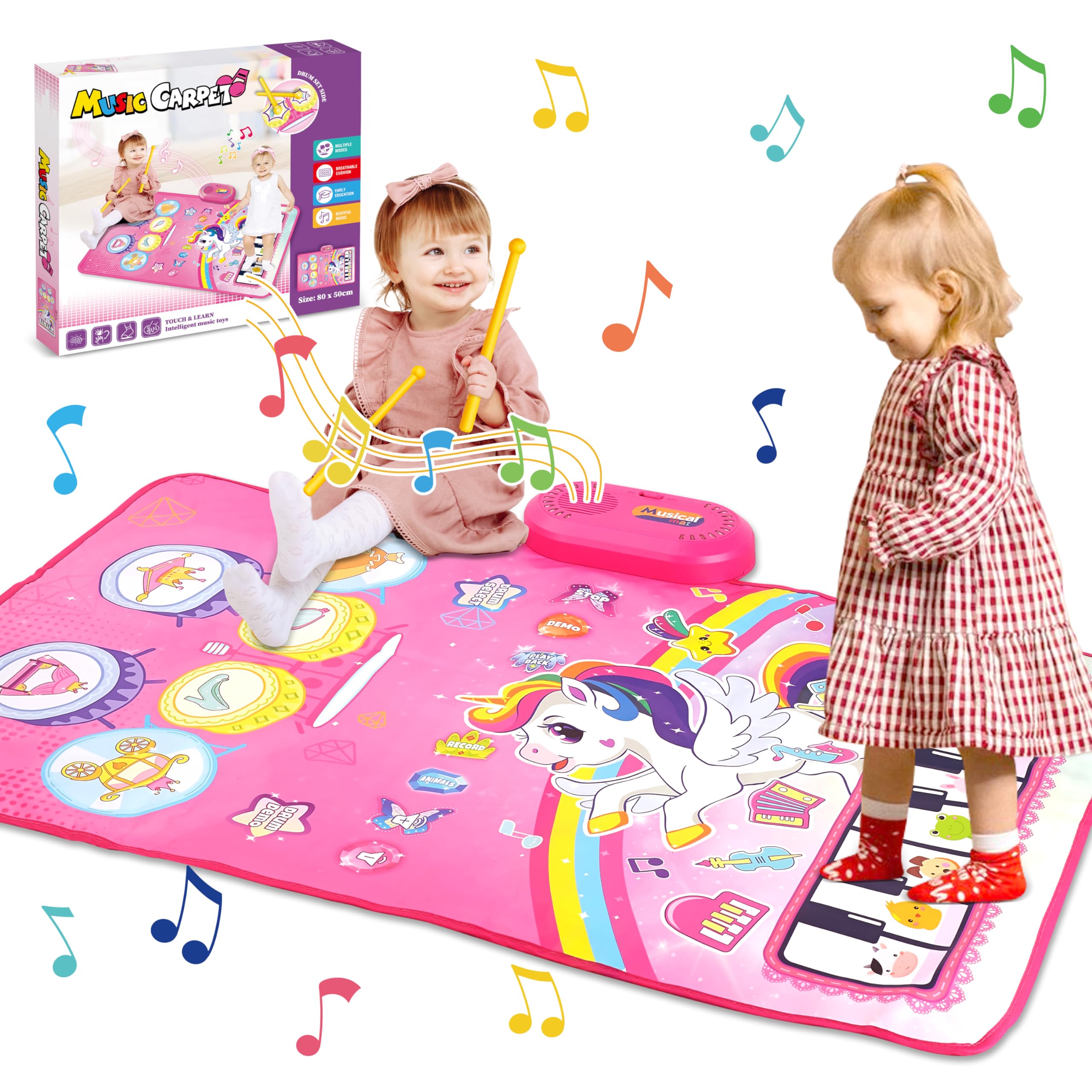 3 in 1 Piano & Drum Babies Play Mat, Piano Keyboard & Drum Animal Touch Unicorn Toys for Girls, Baby Toys for 1 Year Old Toddler Girl, Age 1-2 Birthday Gifts (Unicorn Pink)