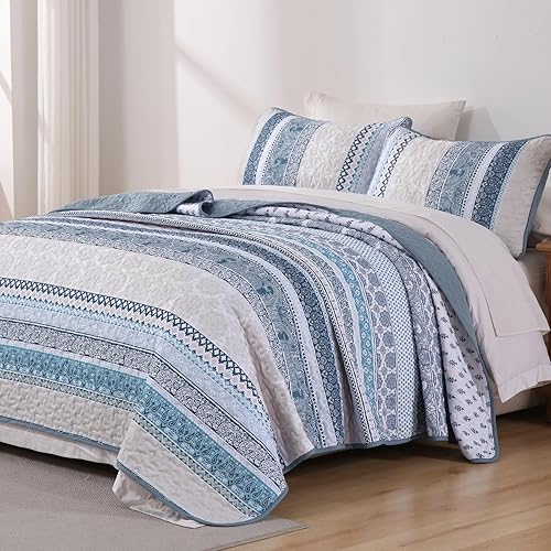 Miniatura 2 de WONGS BEDDING Juego de edredón bohemio tamaño matrimonial, juego de edredón bohemio azul claro de 3 piezas, juego de ropa de cama ligero de verano