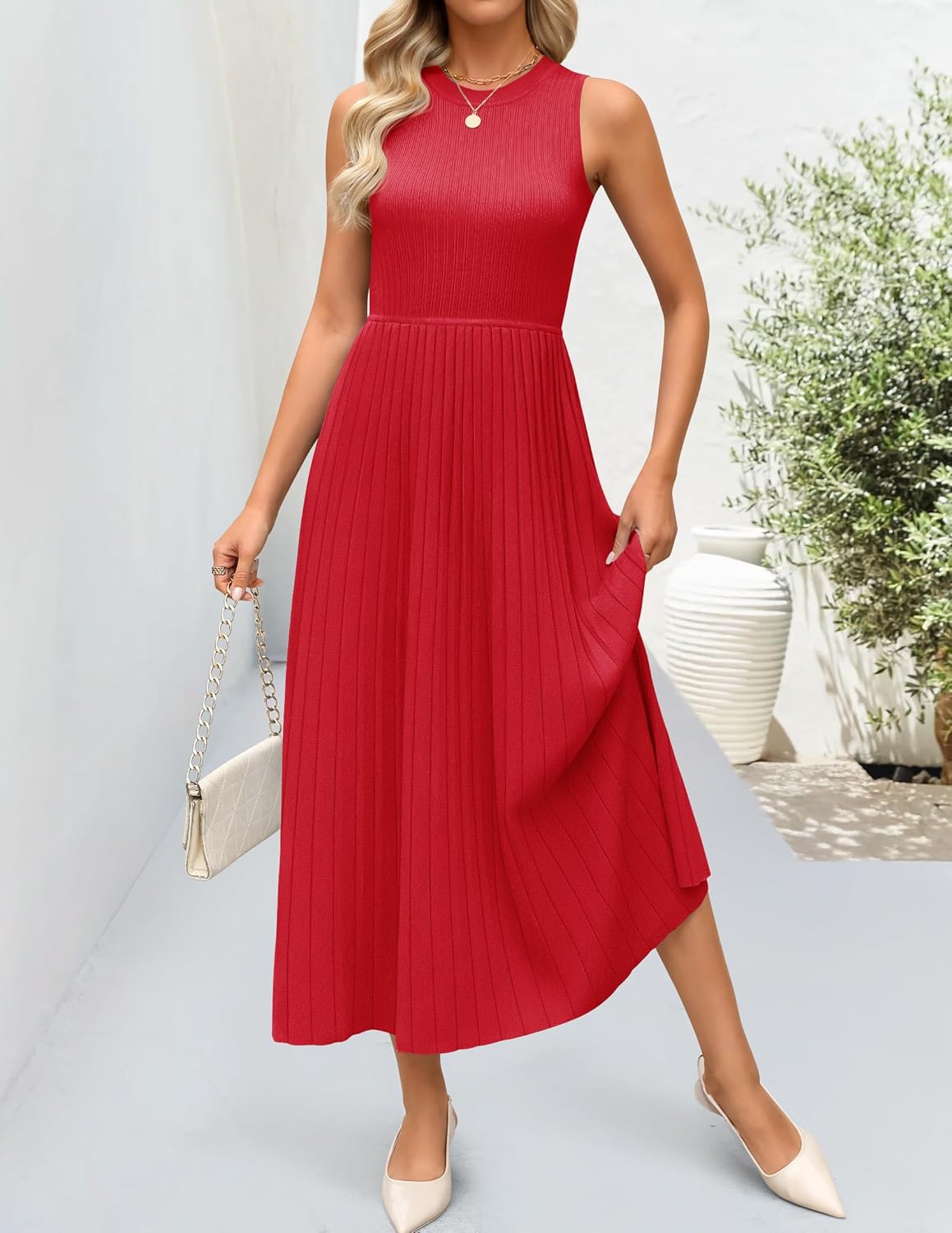 ZESICA Women's 2026 Summer Sleeveless Midi Dresses Casual Crewneck Ribbed Knit Pleated A Line Swing Long Party Dress - Image 8