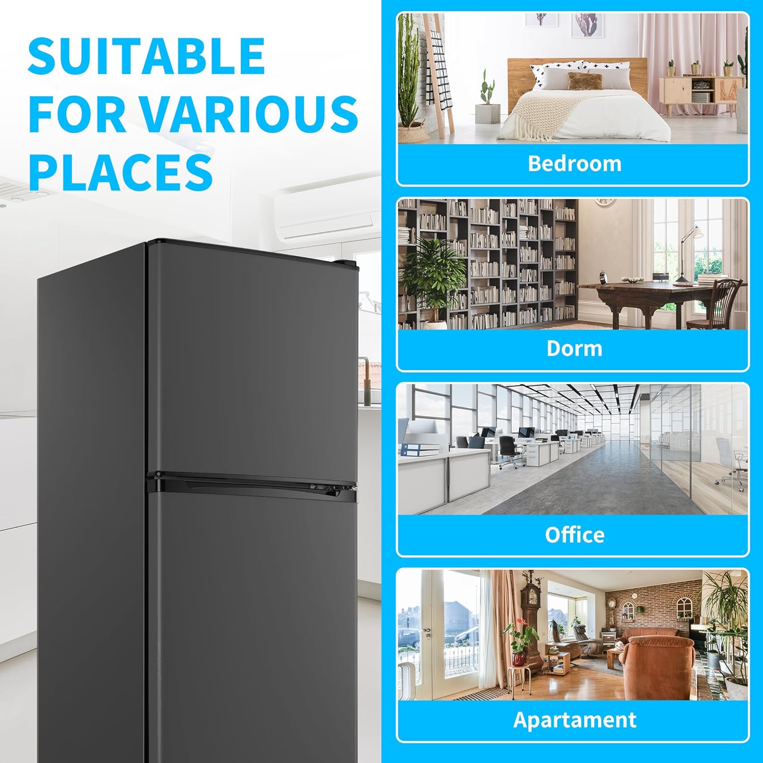 4.5 Cu.Ft. Refrigerator with Freezer,2-Door Design,7-Level Temperature Control,5 Adjustable Thermostat & 4 Removable Glass Shelves (Grey)