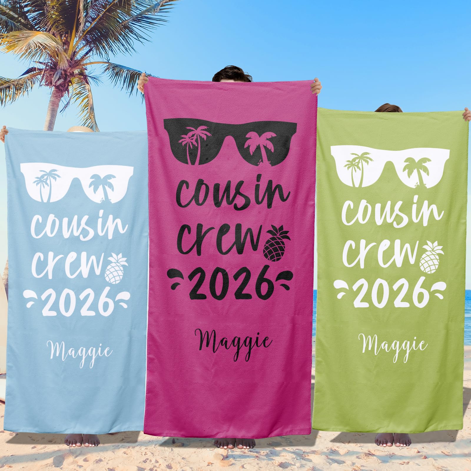 Loosusu Personalized Beach Towels for Kids - Custom Cousin Crew Beach Towels with Monogram & Name- Ultra Absorbent Super Soft Swim Towels for Kids,