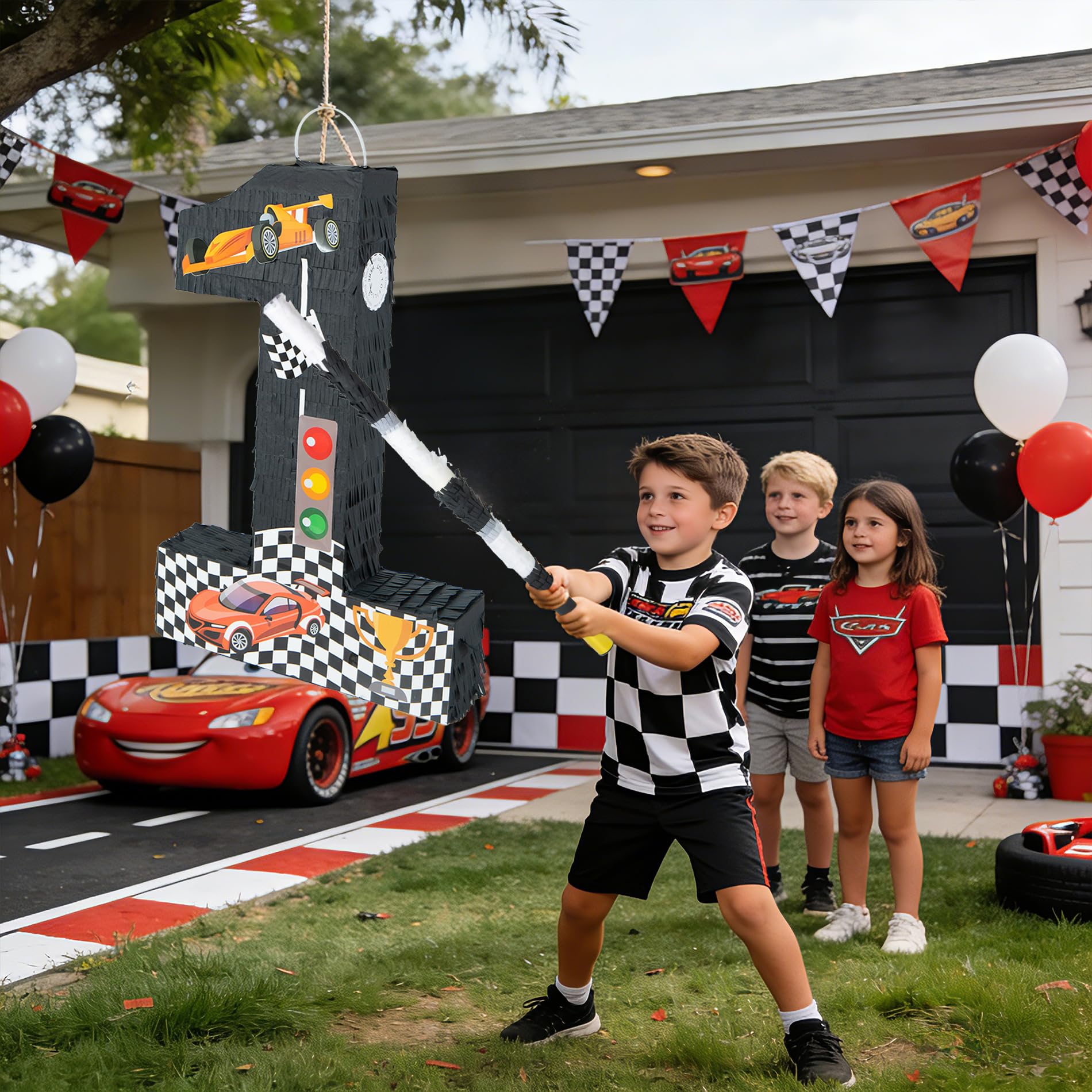 PCFING Piñata número 1 de coche de carreras de 20 pulgadas con palo de piñata de 30 pulgadas, confeti vendado para niños, niñas, adultos, carreras, decoraciones de fiesta de cumpleaños, celebración de