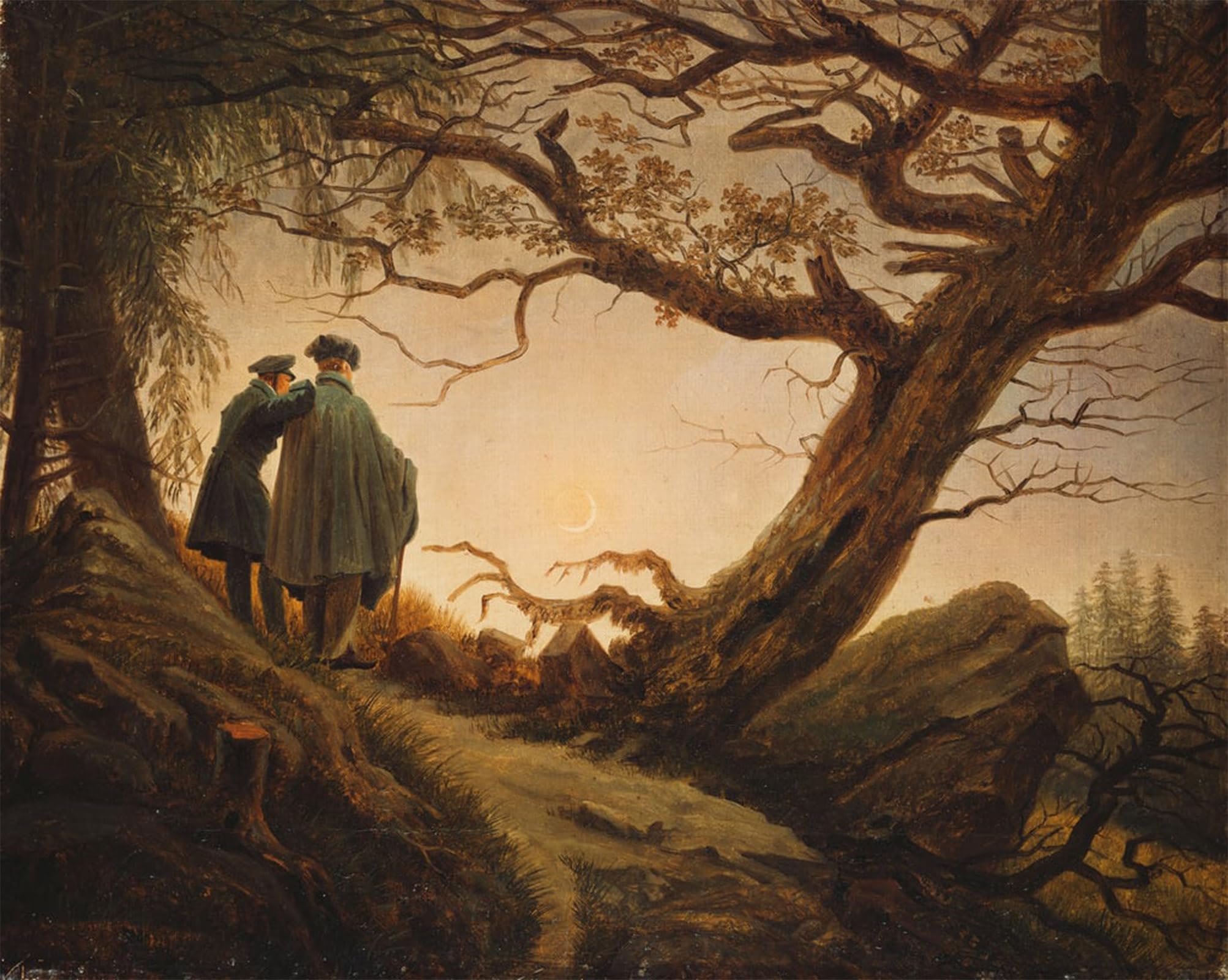 ARTXLXXBN Famous Painting Canvas Artwork Graffiti Print Two Men in the Consideration of the Moon Two Men Contemplating the Moonc by Caspar David Friedrich Portrait Canvas Image for Home Decor 60x90cm