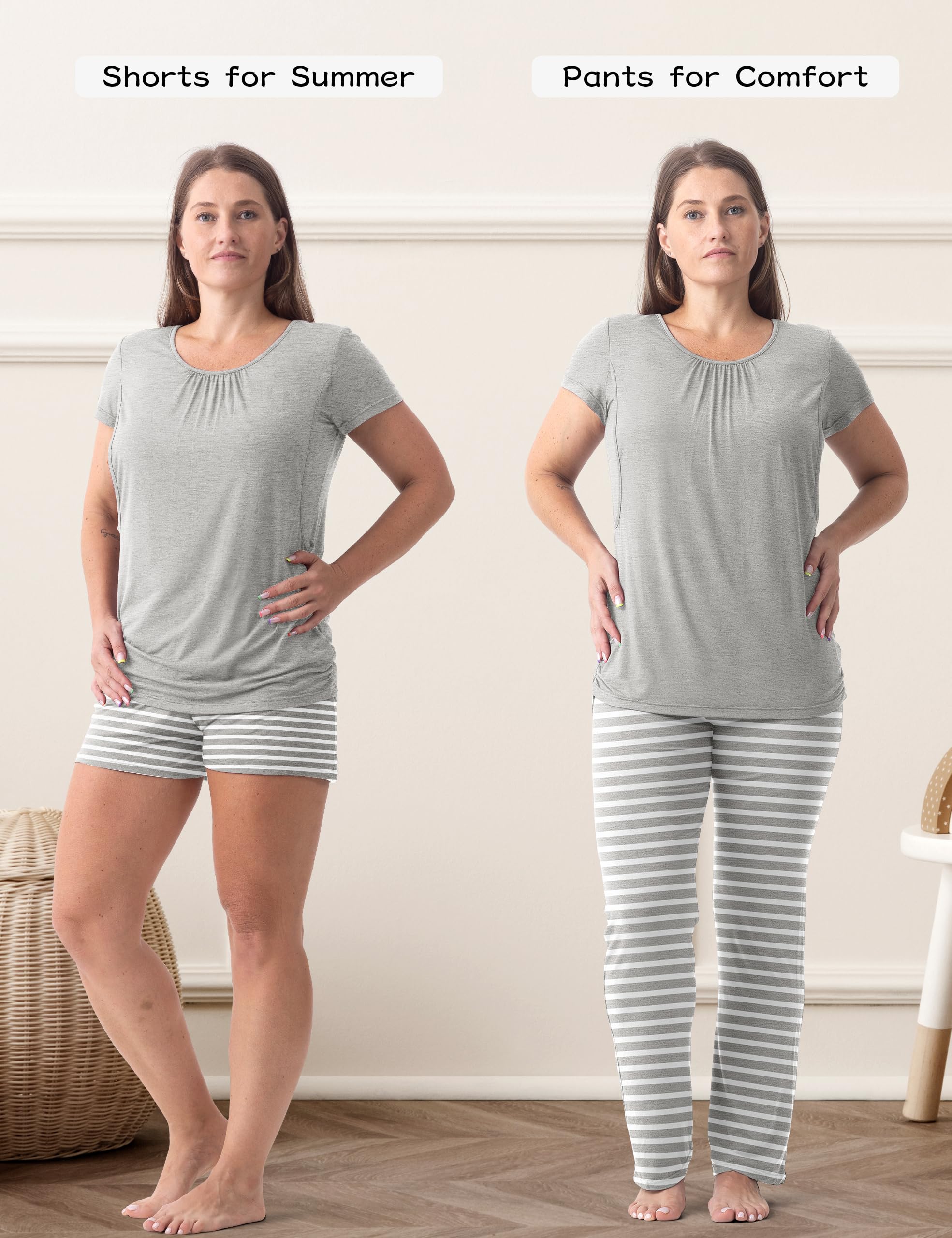 SUNNYBUY Pigiama Premaman per Donna 3 Pezzi – Maglietta Allattamento a Maniche Corte, Pantaloncini e Pantaloni Premaman, Grigio&Righe XL