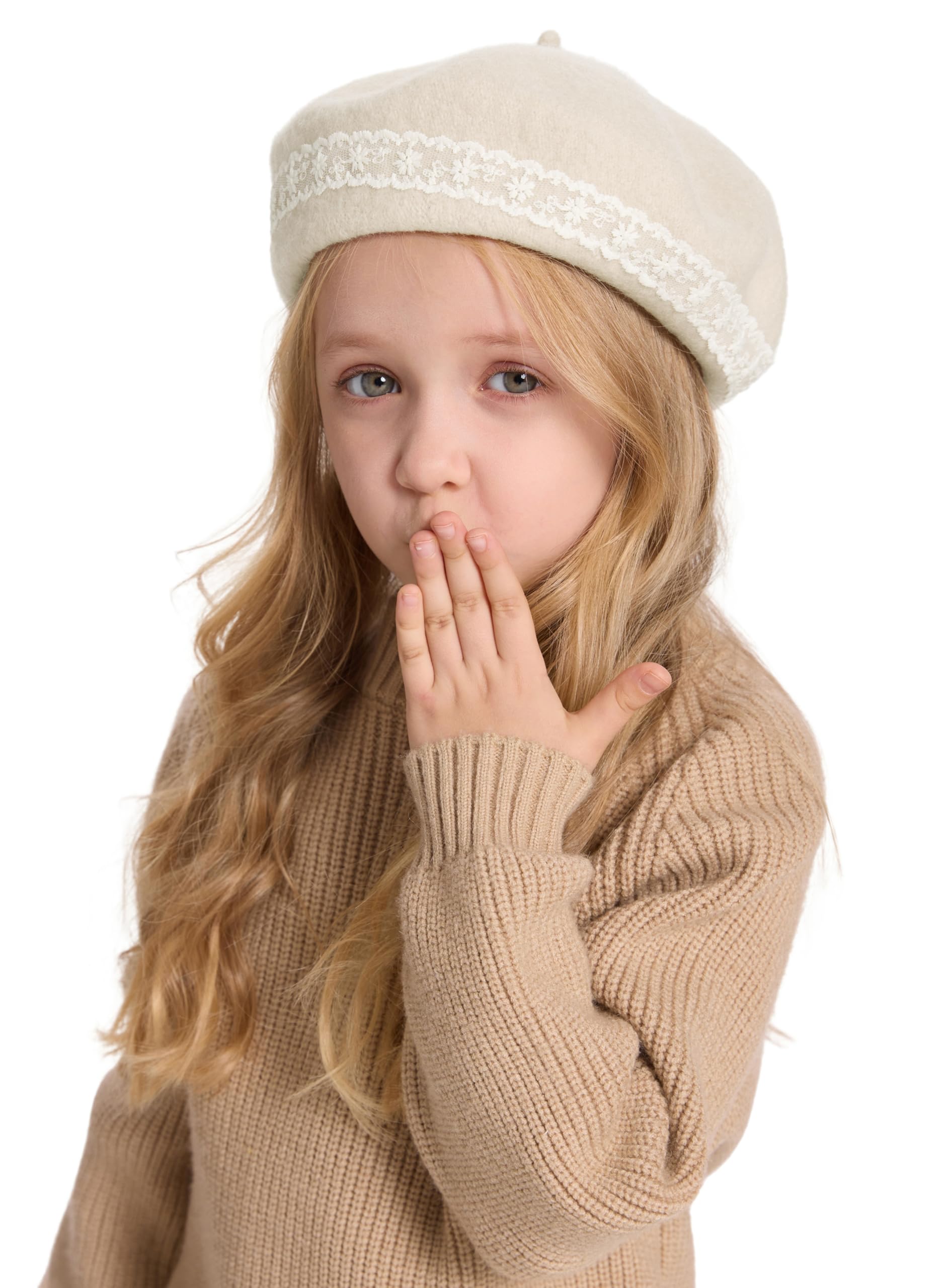 ZLYC Classic Wool Beret for Girls and Boys Modern French Artist, White lace, One Size - Image 2
