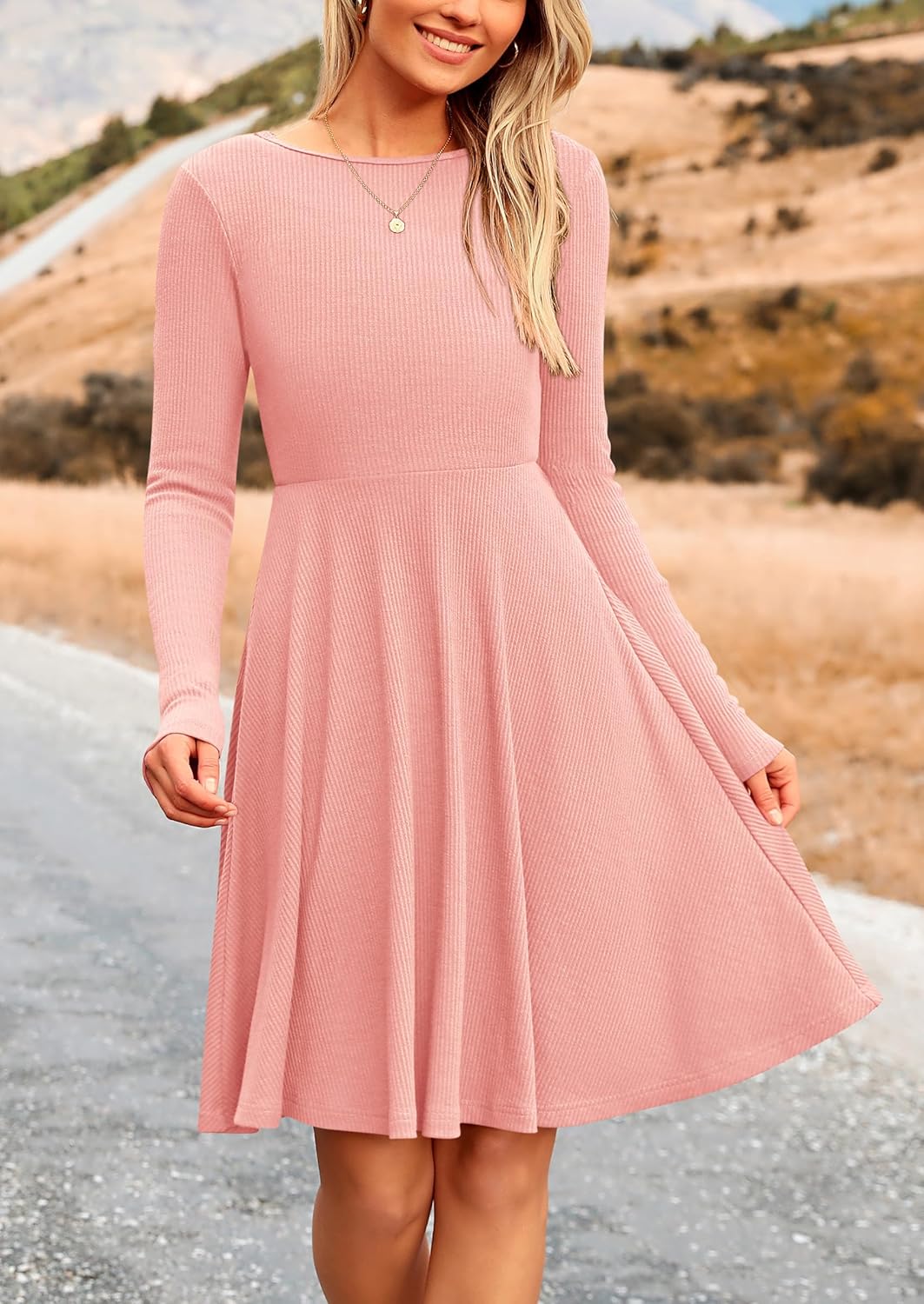 PRETTYGARDEN Women's Fall Short Dress Ribbed Knit Crewneck Long Sleeve A Line Flowy Casual Elegant Going Out Winter Dresses - Image 5