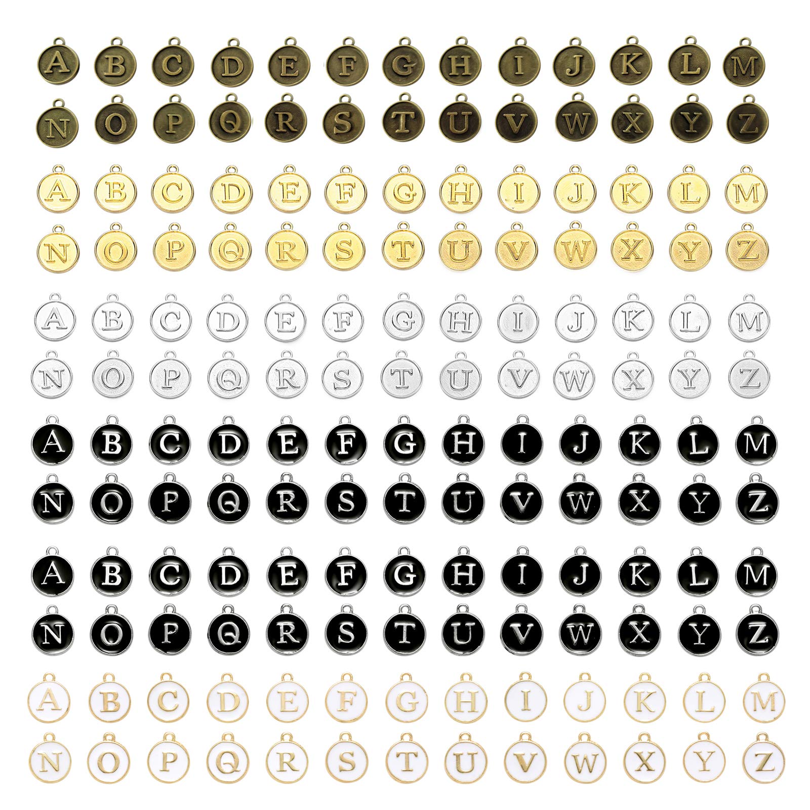 Ornaland 130/156 Pcs Alloy Letter Charms Flat Round Alphabets Pendants Enamel Initial Charms Sets for DIY Handmade Necklace Earring Bracelet Jewerly
