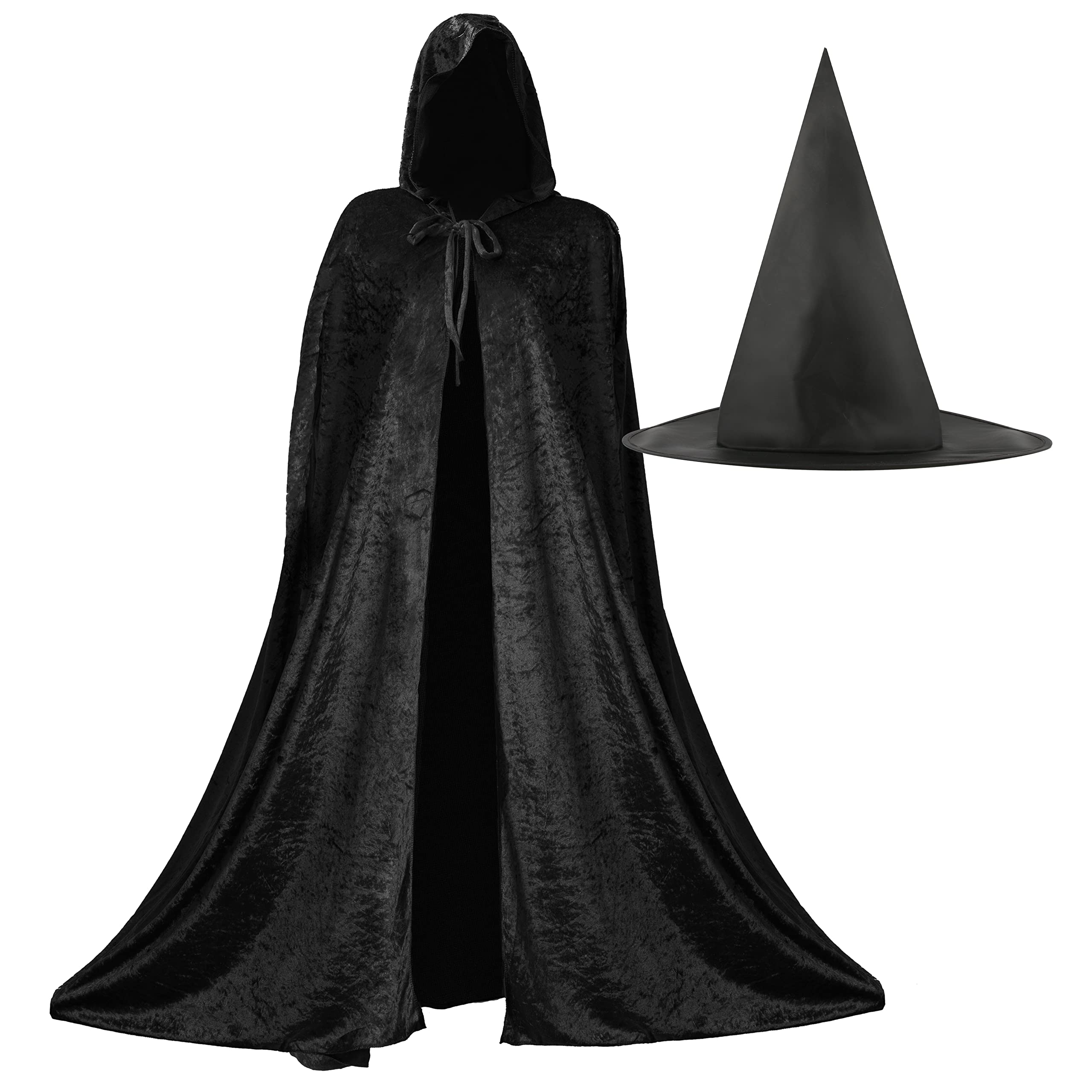 Ladies Halloween Witch Costume - Black Velour Cape and Pointed Witch Hat - Adults Halloween Trick or Treat Fancy Dress Costume