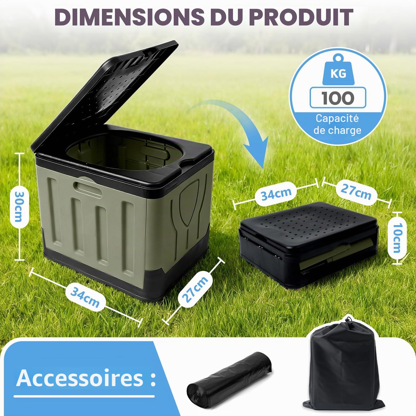 Huracan Toilettes de camping pliables, toilettes mobiles portables jusqu'à 200 kg, hauteur d'assise compacte de 34,5 cm, avec sac de rangement et sacs poubelles, toilette de voyage pour camping