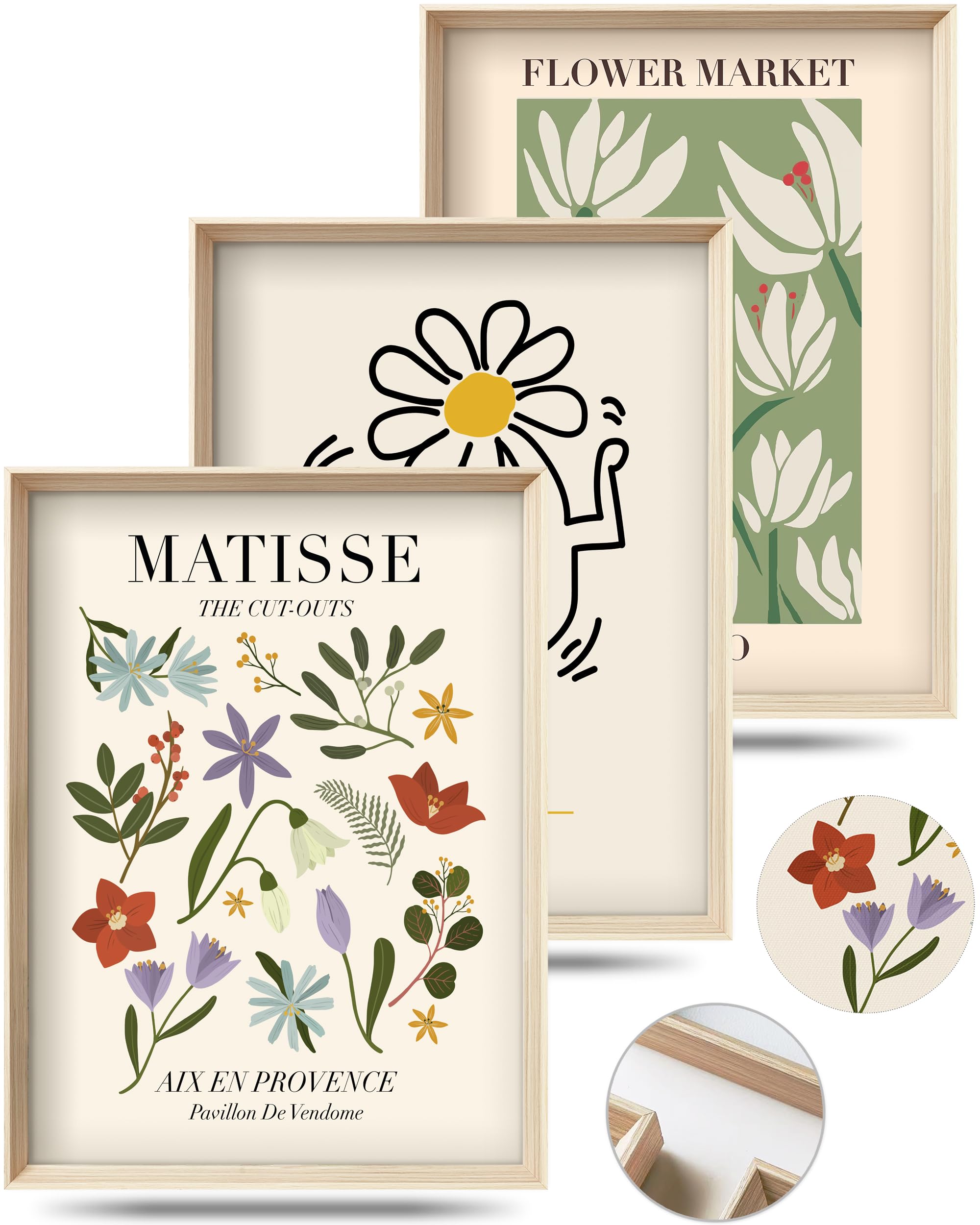 Framed Matisse Canvas Wall Art for Bedroom,Abstract Matisse Canvas Wall Decor,Minimalist Classic Decor Aesthetic,16x12IN Wood High Framed Design Posters for Living Room,Bathroom Set of 3