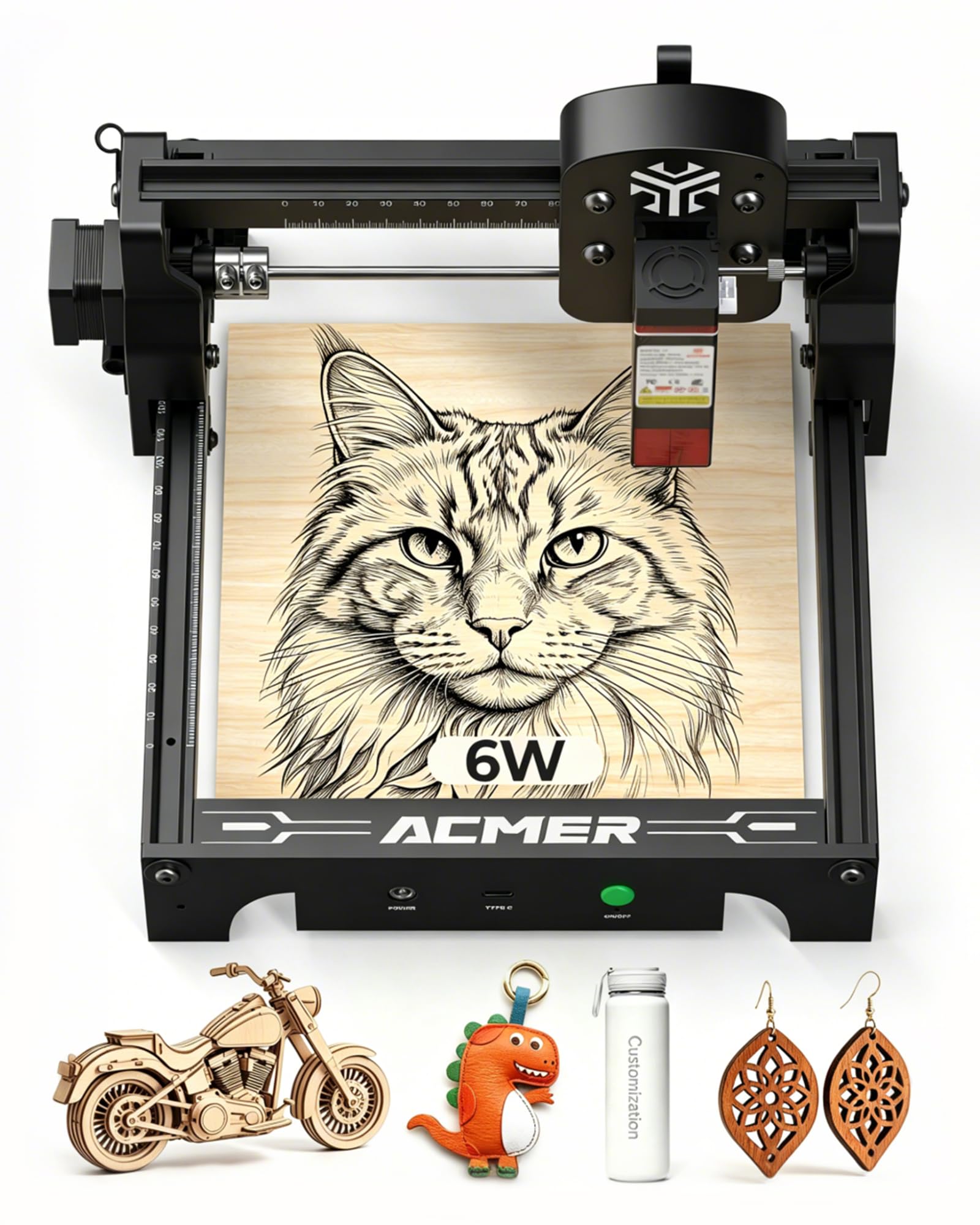 Acmer T1 6w Laser Graviermaschine, Tragbarer Mini Laser Cutter, 0.01mm HochpräZiser Lasergravierer, Arbeitsbereich 130 X 130 mm, Graviermaschine für Holz, Leder, Glas, Metall Sowie Diy-Geschenken