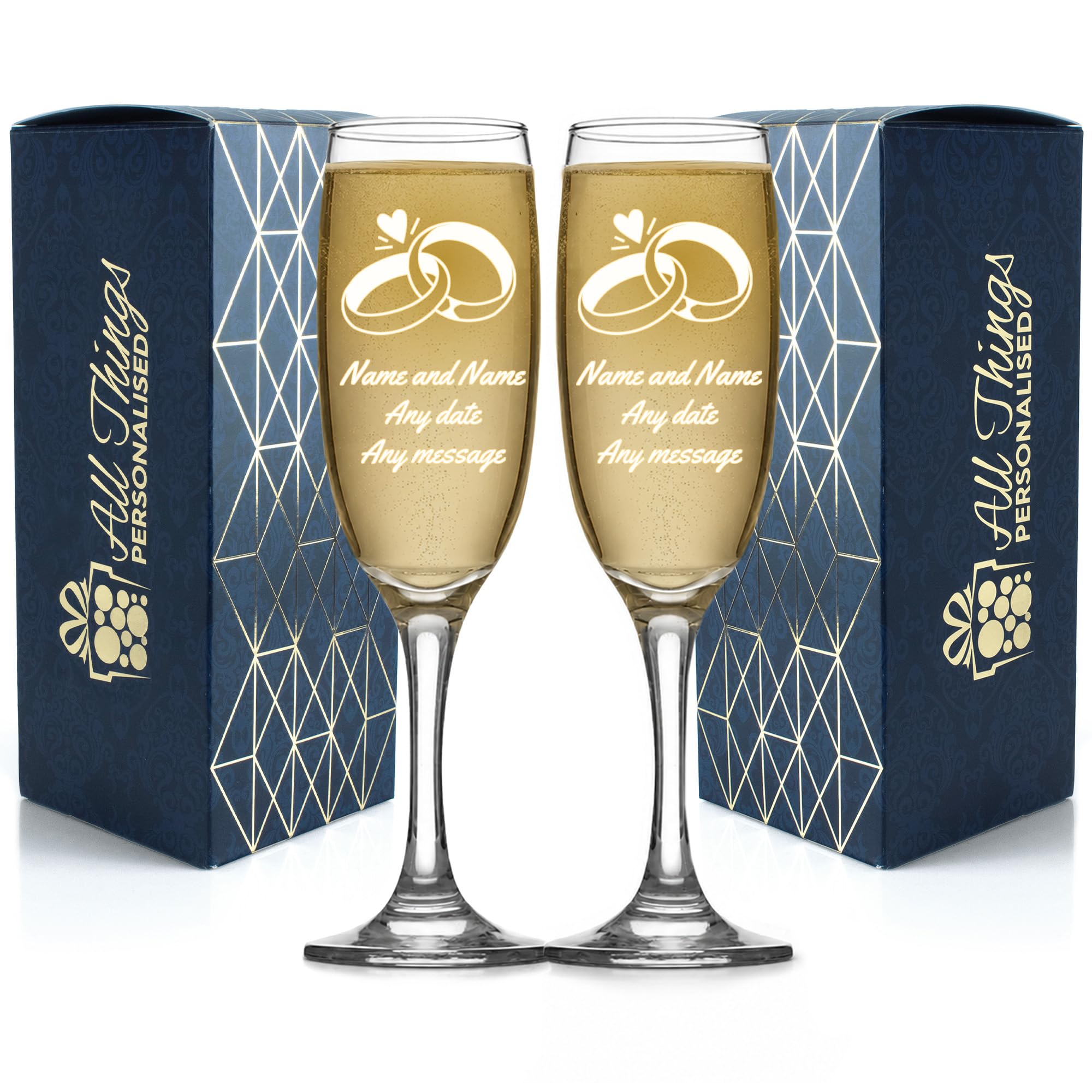 Ensemble de verres à champagne de mariage gravés personnalisés avec n'importe quel message, n'importe quelle date, conception d'alliances, deux verres à champagne personnalisés de 7 oz / 207 ml