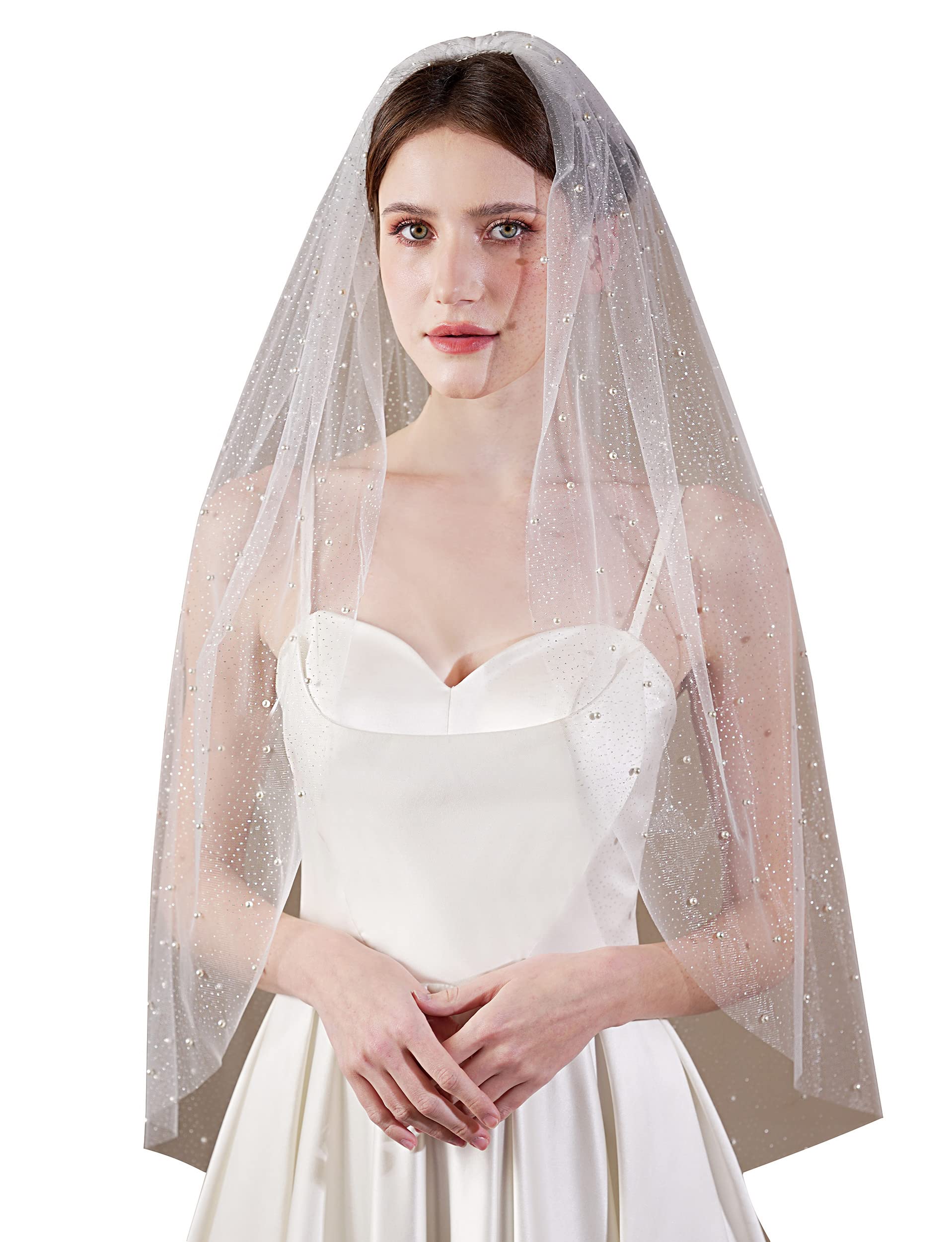 EllieWely1 Tier Glitter Tulle Pearl Wedding Bridal Veil With Metal Comb F06