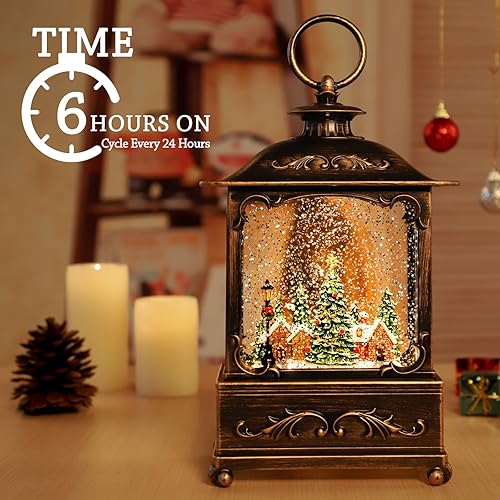 Miniatura 5 de Linterna de globo de nieve de pueblo navideño, decoración de Navidad, linterna de agua para interiores, remolino brillante con música