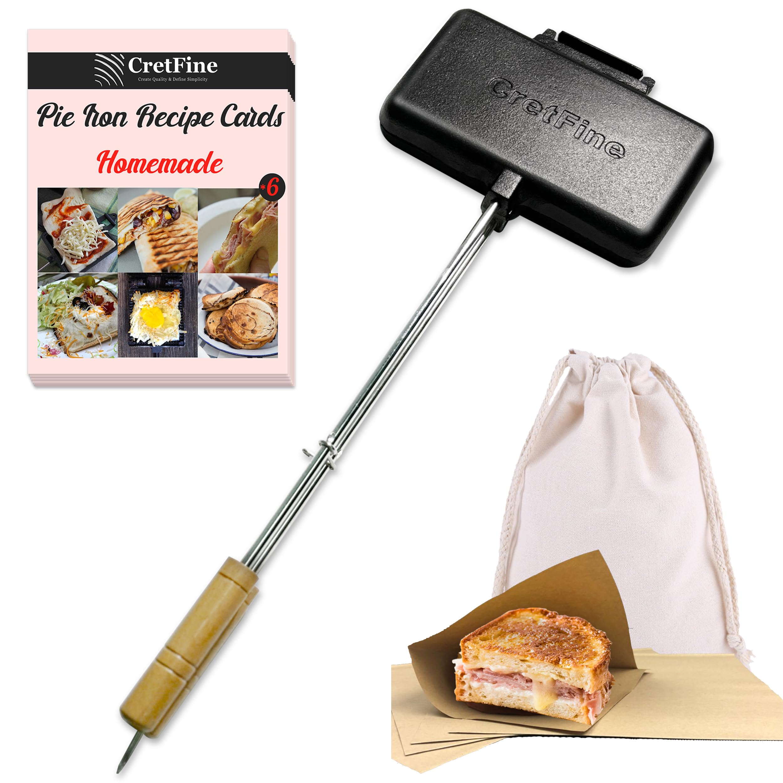 Molde de hierro fundido doble para hacer sándwiches para acampar con bolsa de almacenamiento y recetas, equipo de cocina para foga