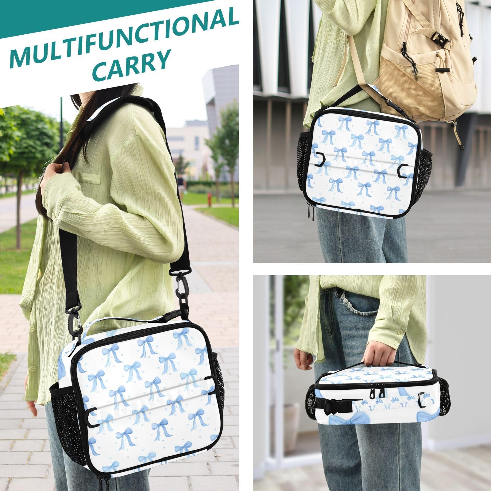 Kcldeci Blue Bows, borsa termica per il pranzo per bambini, grande, borsa termica per il pranzo, borsa termica per il pranzo, cestino per il pranzo per la scuola per ragazzi