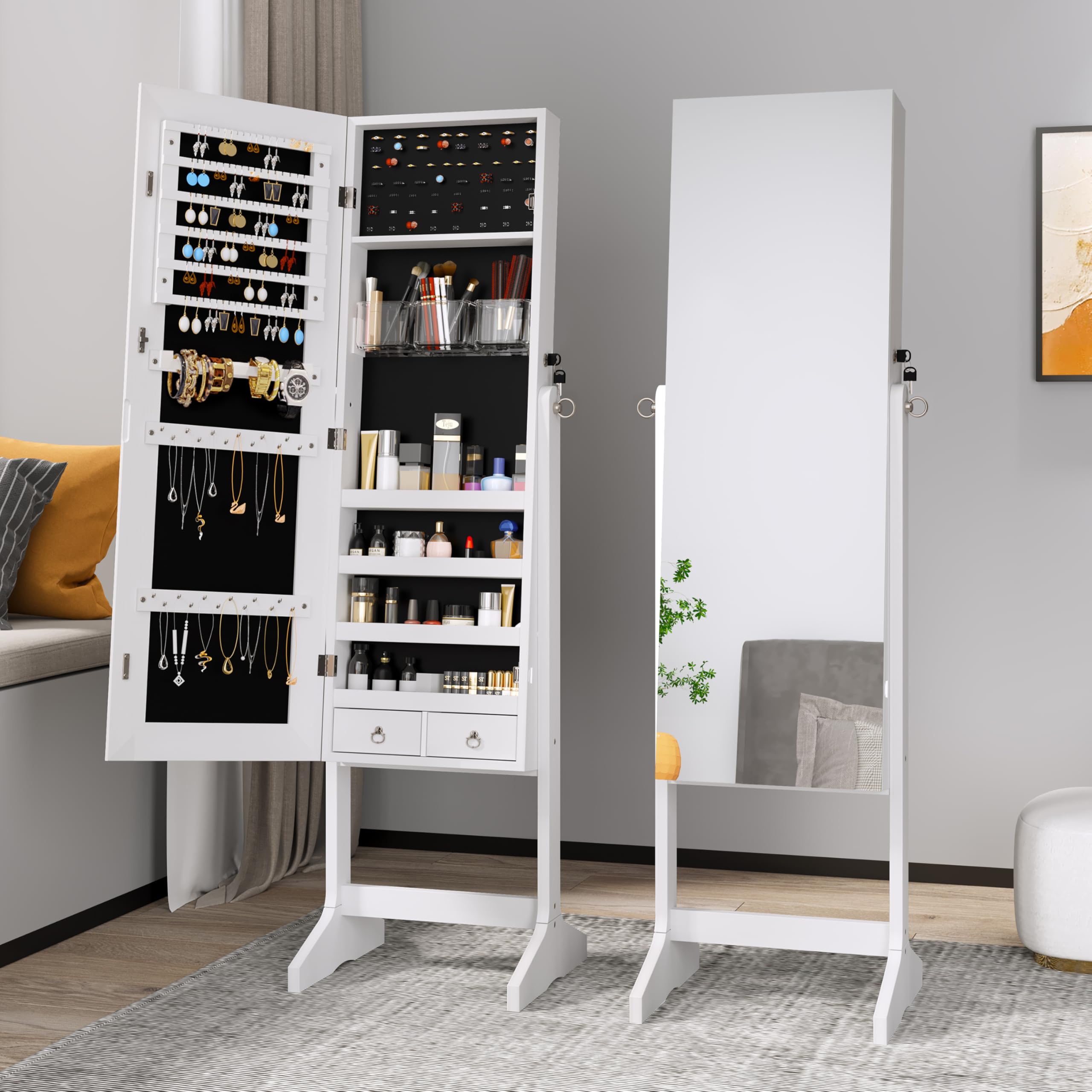 Dripex White Floor length Mirror Wardrobe, Lockable Jewelry Organiser Armoire Large Storage, 3 Angles Adjustable Free Standing Mirror Storage