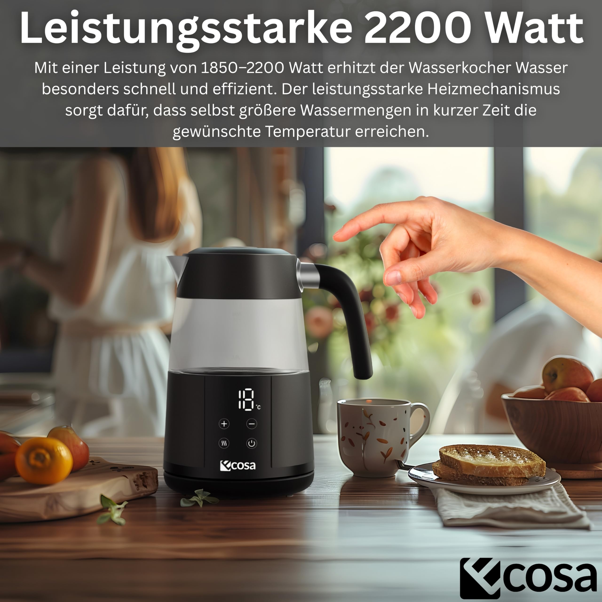 Ecosa® Czajnik elektryczny z regulacją temperatury, szkło, stal nierdzewna, 2200 W, 1,7 litra, bez BPA, z wyborem temperatury 40°C - 100°C, funkcja utrzymania ciepła, cyfrowy czujnik, ekran dotykowy