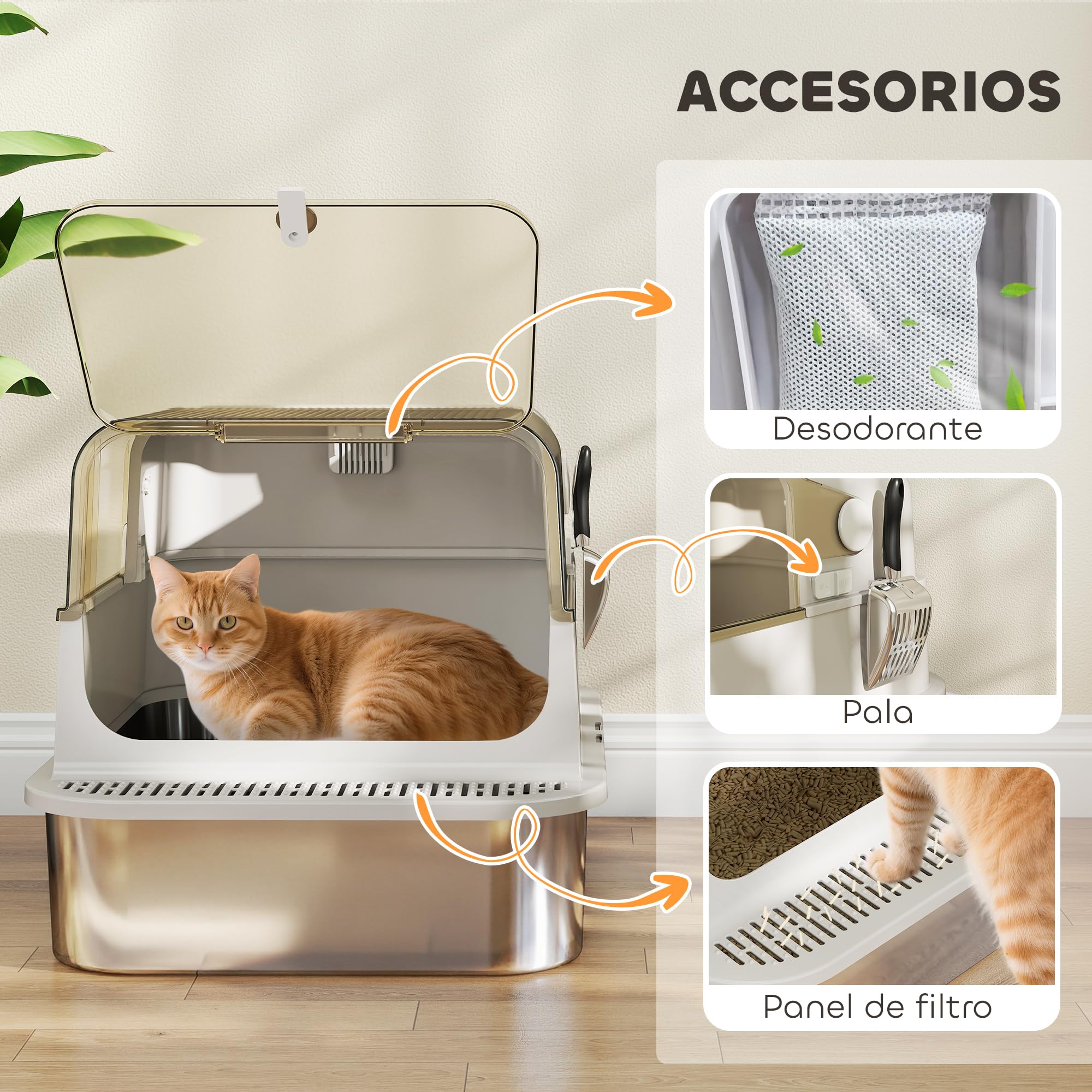 PawHut Arenero para Gatos de Acero Inoxidable XXL para Gatos Grandes Gris | Caja de Arena, Tapa Abatible, Laterales Altos, Entrada Superior, Pala, sin Olores, Fácil de Limpiar, Antifugas