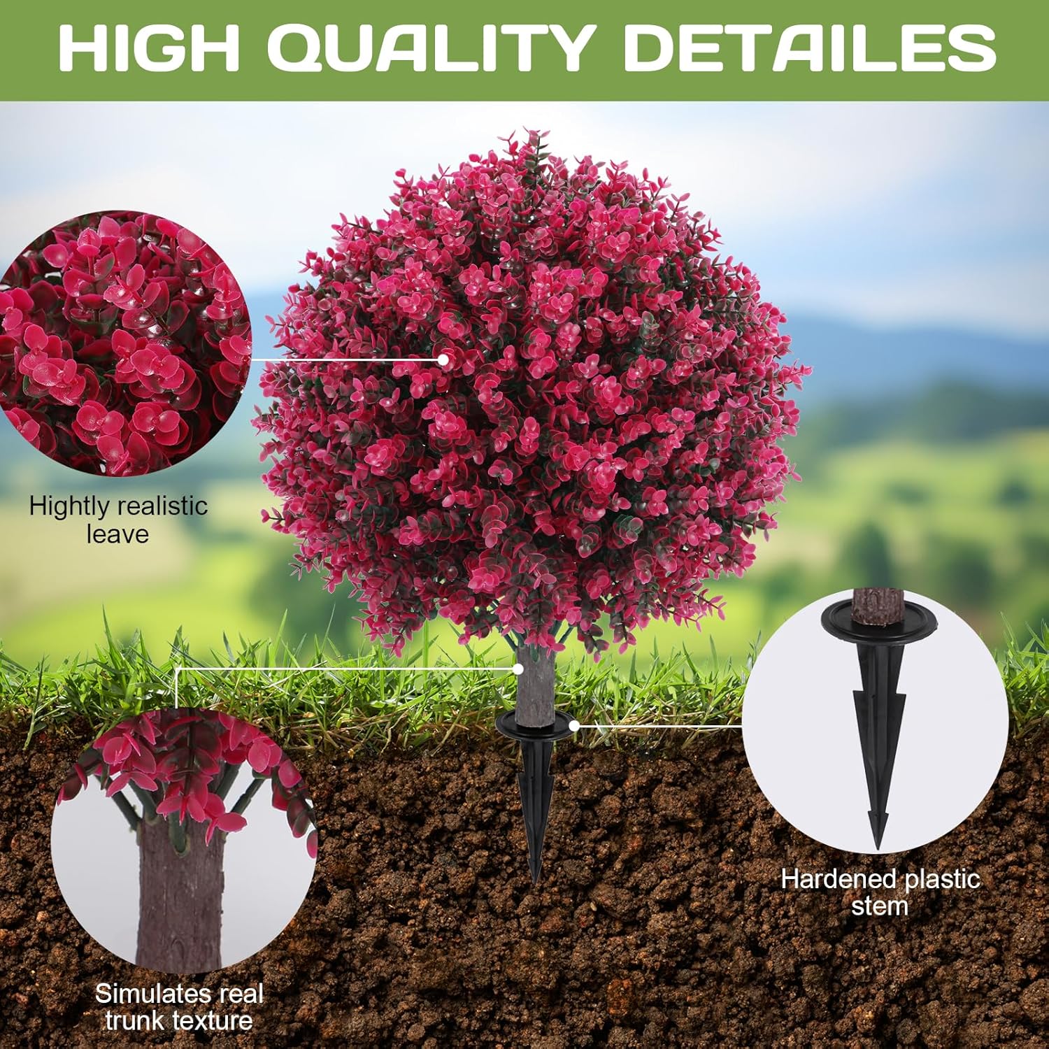 Artificial Red Eucalyptus Topiary Ball Tree 24" with Ground Spike, Set of 2 Artificial Boxwood Bushes for Faux Shrubs, Fake Evergreen Faux Plant for Indoor Outdoor Garden -UV Resistant–Fade-Proof - Image 3