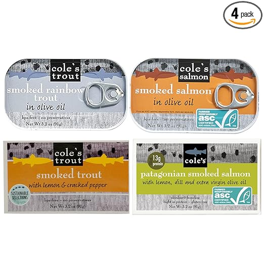 Cole's Patagonian Smoked Salmon & Rainbow Trout Sampler Pack, 3.2oz Cans | Hand-Packed in Extra Virgin Olive Oil & Spices | Canned Salmon & Trout 4 Pack
