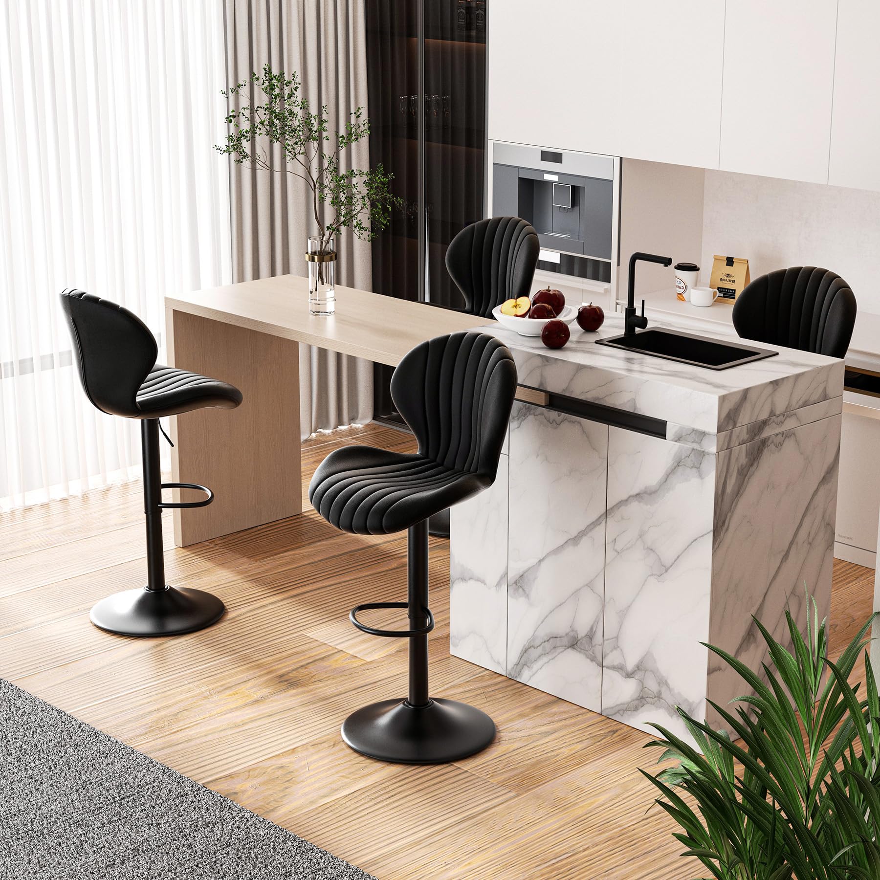 Hawthyhome Bar Stools Set of 4 |Modern Swivel Bar Chairs • High Backrest for Kitchen • Adjustable Swivel Gas Lift fabrics • Black