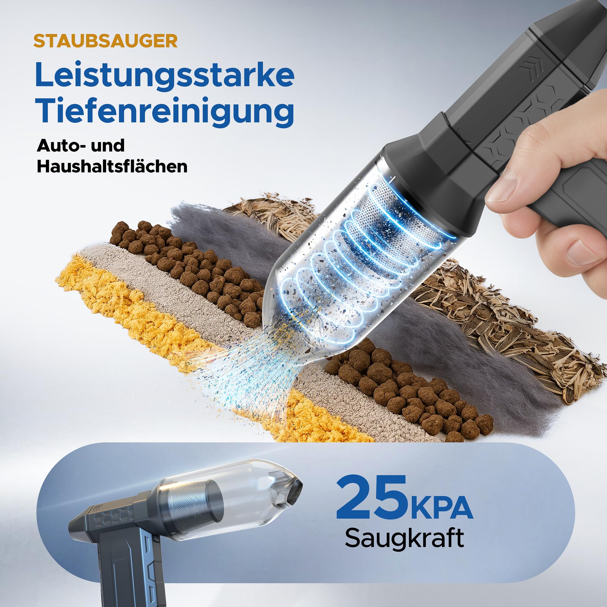 PORTENTUM 3 in 1 Staubgebläse als Druckluftspray 180 km/h – Handstaubsauger Akku 25 kPa – Doppel-LED-Taschenlampe – Set aus 25 Teilen mit 6 Düsen und 13 Bürsten – Air Duster bis zu 115 Min