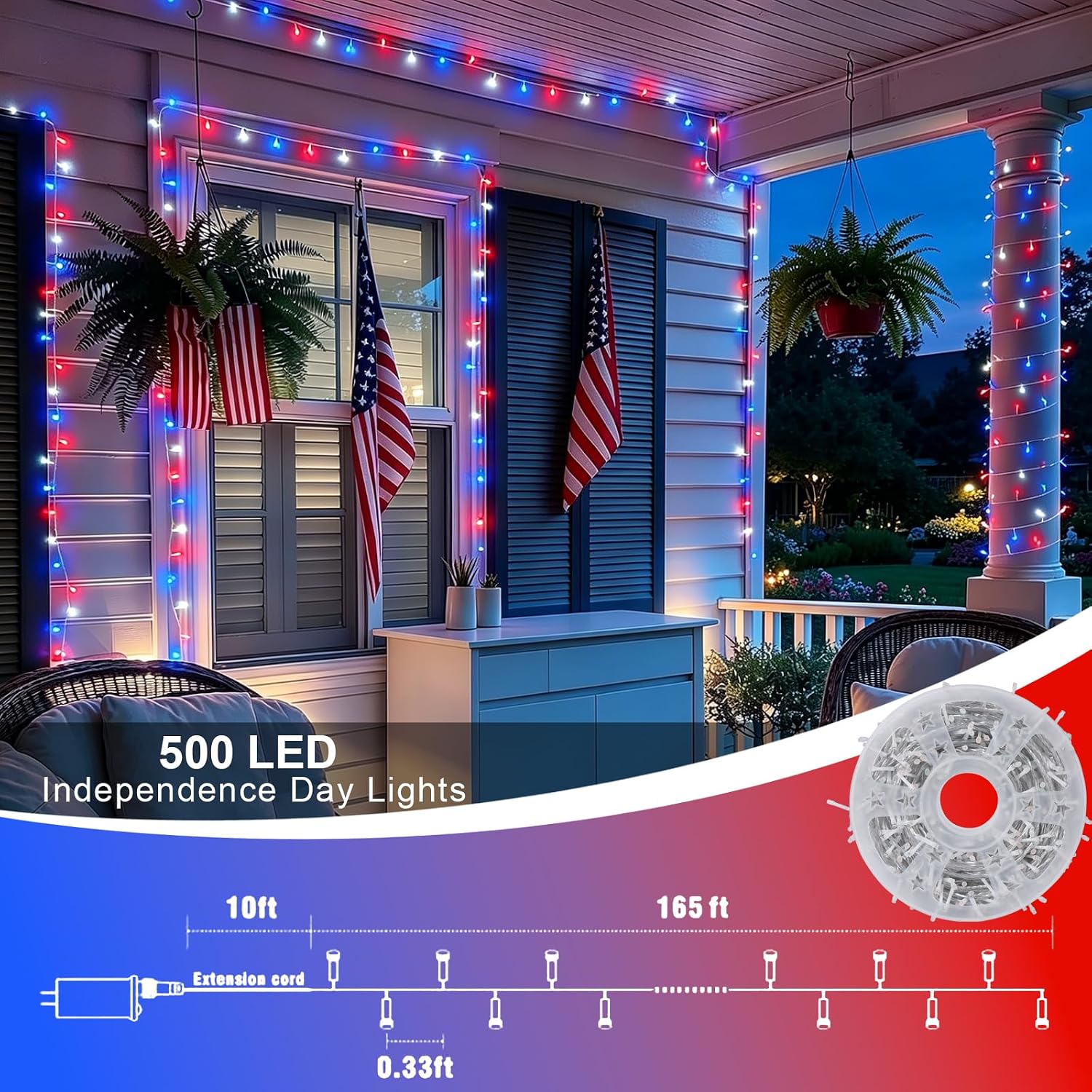 QITONG Red White and Blue String Lights,165ft 500 LED 4th of July Lights Plug in Outdoor Indoor, 8 Modes Clear Wire Patriotic Light for Independence Day Memorial Day Party Décor