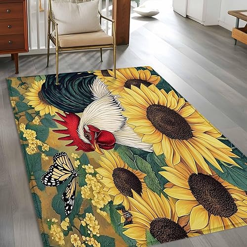 Miniatura 4 de 2.7x5 Area Rugs, Retro Rooster Non-Skid Rubber Backing Large Rectangle Rugs - Living Room Bedroom Home Office, Sunflower Farmhouse Animals