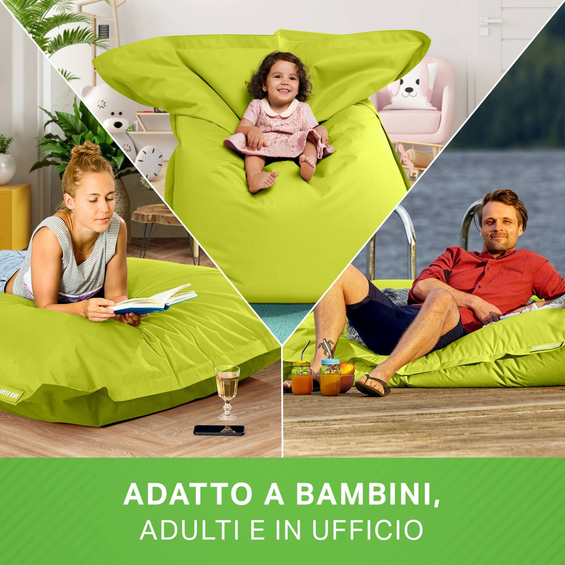 Green Bean Poltrona a sacco XXL 140x180cm 380L Bambini Adulti Imbottitura Perle EPS Impermeabile Lavabile Verde chiaro