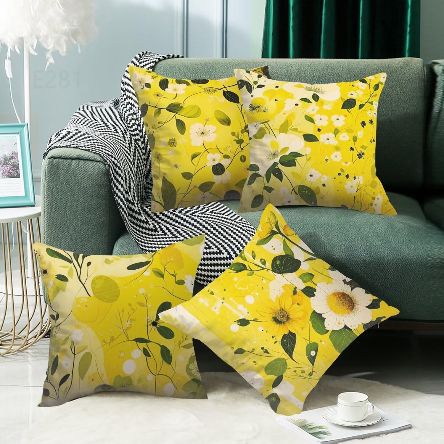 Pianta Federe Cuscini Divano 50x50cm,4 Pack Giallo Estate Esterno Cuscini per Divano,Doppio Lato Quadrato Morbido Cuscini Divano,per Divano Soggiorno Sedia Autunno Dekoration Cuscino,Regali LY-281