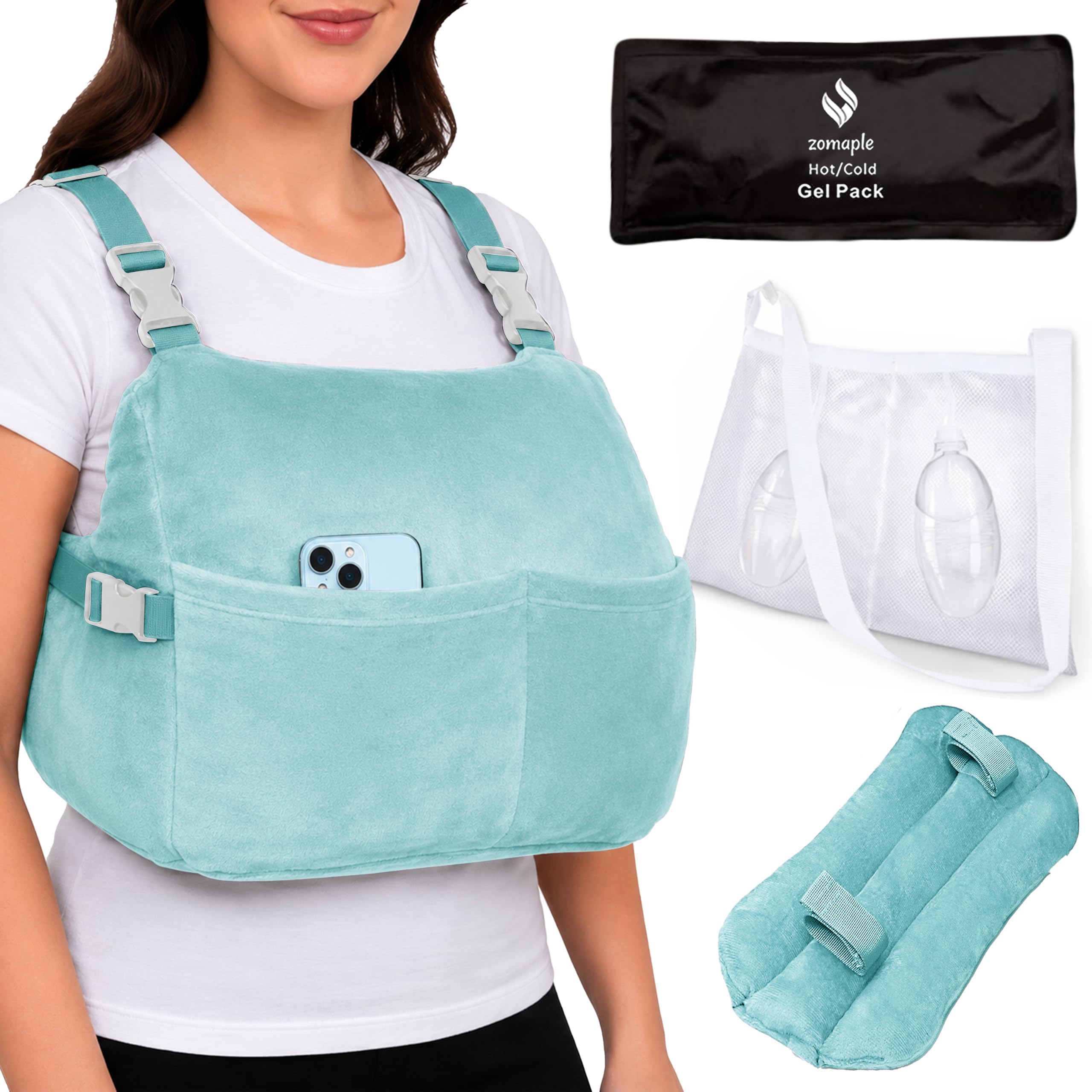 Zomaple 4pc Post Mastectomy Pillow Kit, Gel Pack, Seatbelt Cover & Lanyard