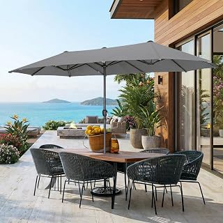 15ft Large Patio Umbrellas with Base Included, Outdoor Double-Sided Rectangle Market Umbrella with Stand, Outside Umbrellas for Poolside Lawn Backyard