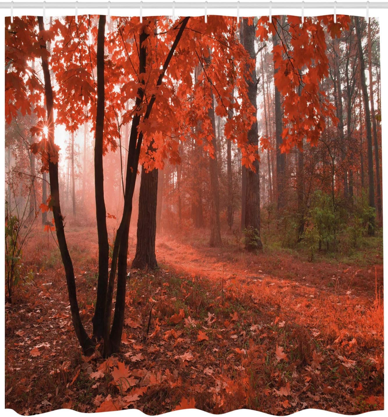 Ambesonne Fall Shower Curtain, Misty Forest with Leaves from Deciduous Seasonal Trees Warm to Cold Featured Image, Cloth Fabric Bathroom Decor Set with Hooks, 69" W x 75" L, Brown Orange