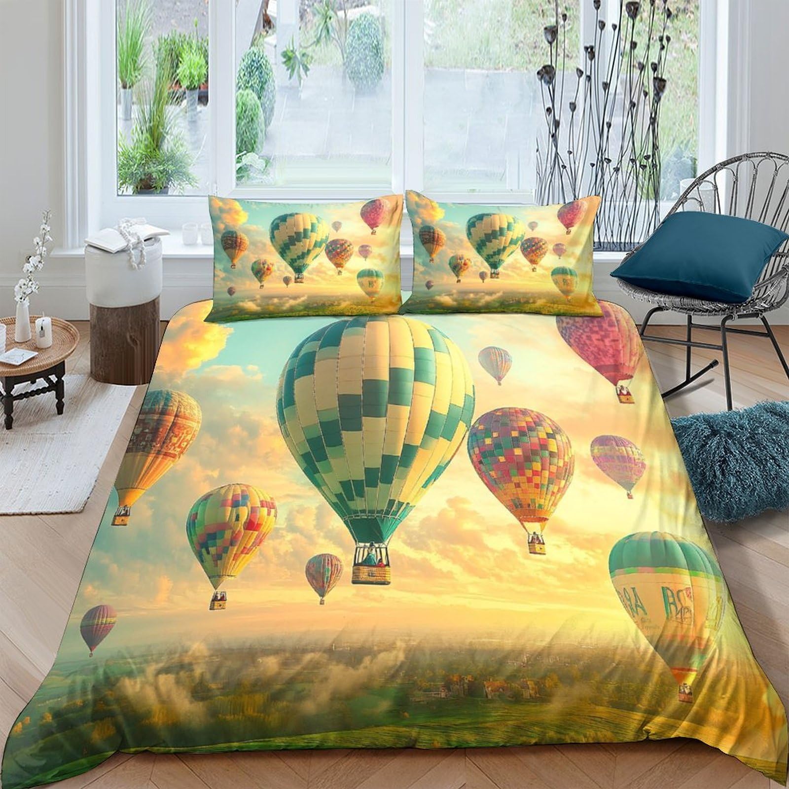 Ctjqhvkz Style-3 3D Printed Hot Air Balloon Fitted Sheet Microfiber Soft Yellow Sunrise Mattress Cover For Bedroom Guest Room Decor Single（135X200cm）
