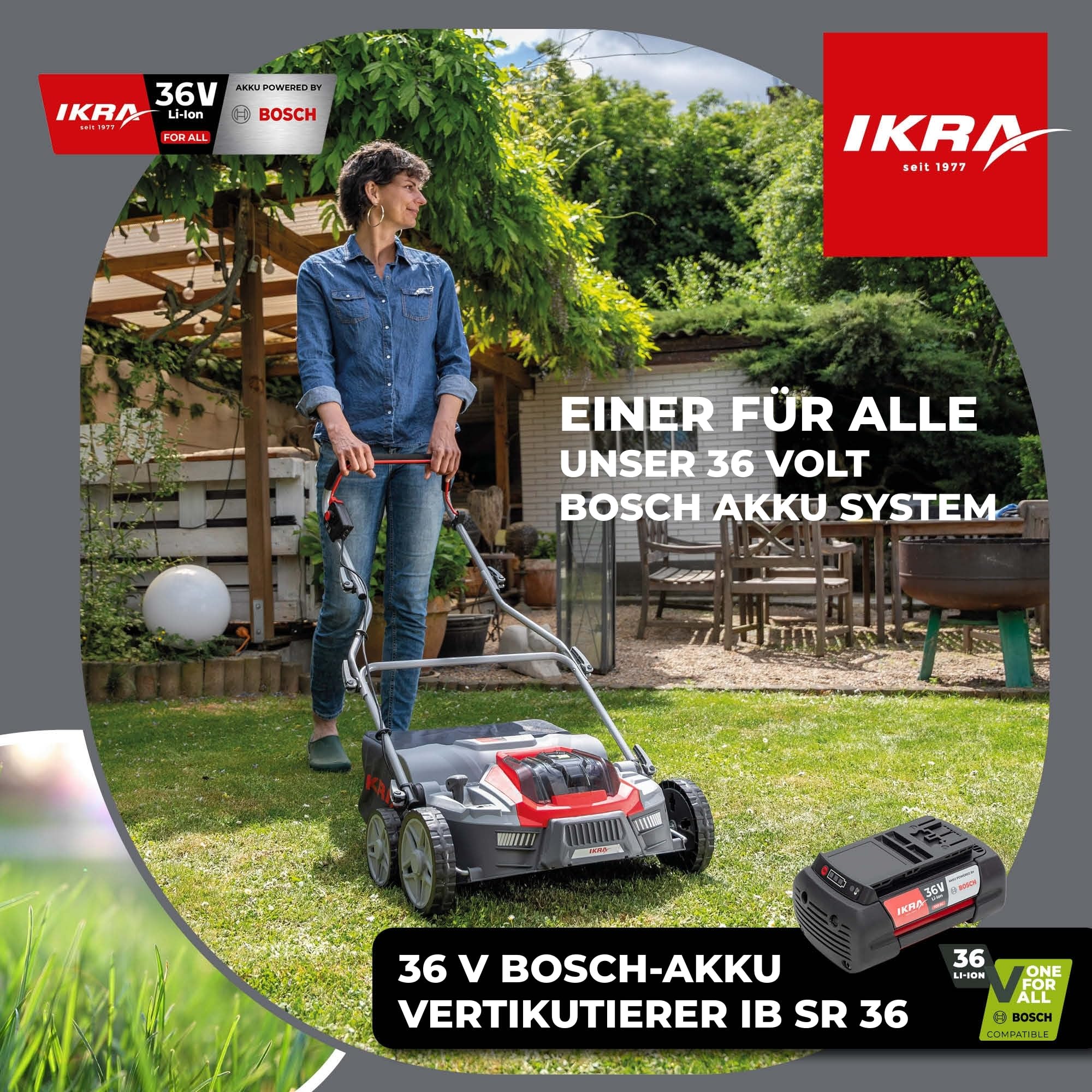 IKRA 3in1 Vertikutierer Rasenlüfter IB-SR 36, ohne 36V Akku & Ladegerät | Kompatibel mit Bosch, Fangkorb 45l, Arbeitsbreite 36cm, Tiefe -12 bis +10mm, 2-fach höhenverstellbarer Griff, klappbarer Holm