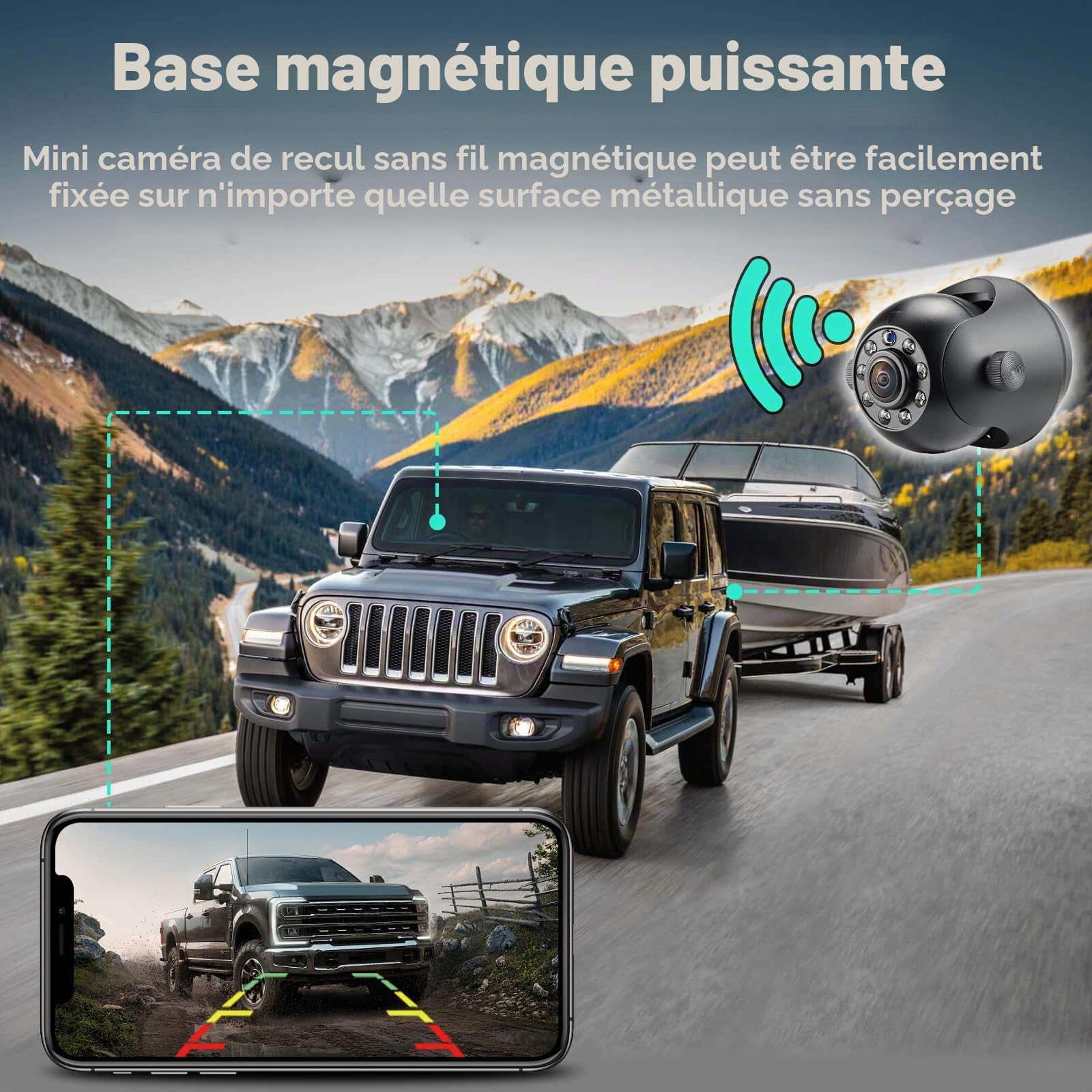 WiFi Magnetic Hitch caméra de recul sans fil à vision nocturne, batterie rechargeable, adaptée pour iPhone Android, facile à monter bras cou de cygne bateau voyage remorque RV